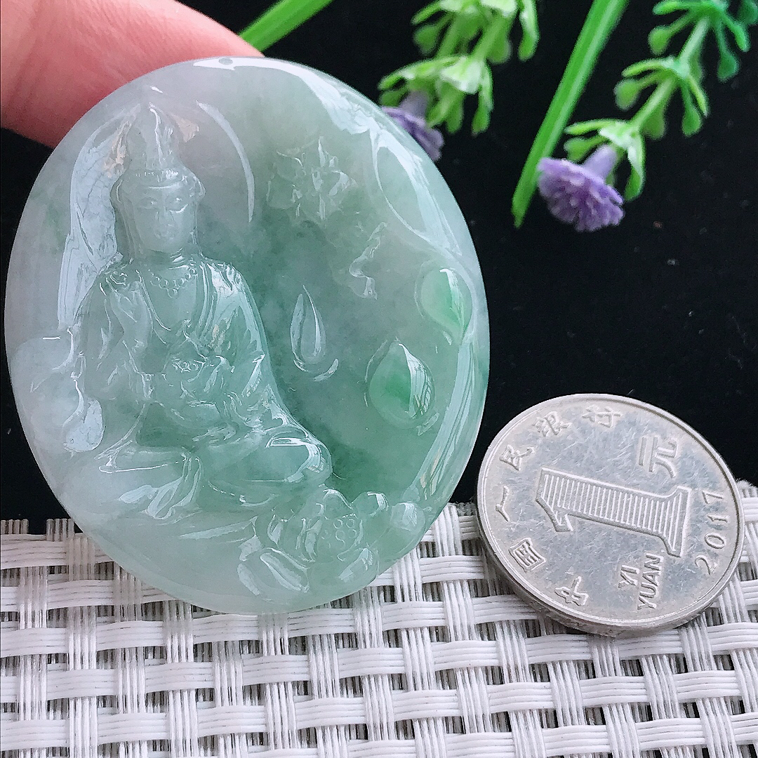 实拍A货翡翠4.8/43/5.5老坑冰润起胶赐福观音吊坠翡翠挂件