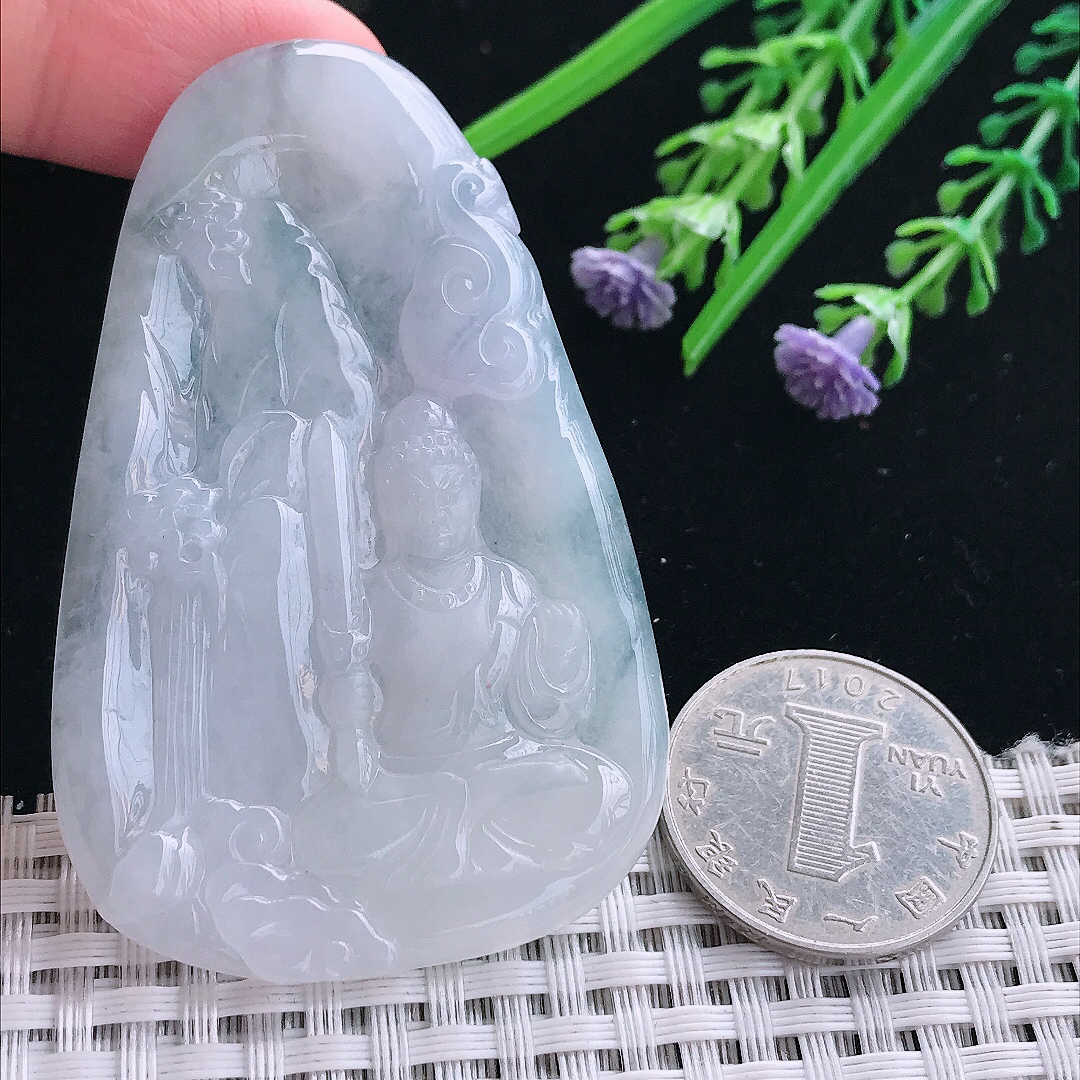 实拍A货翡翠65/42/4.8老坑冰纯白净不动明王吊坠翡翠挂件