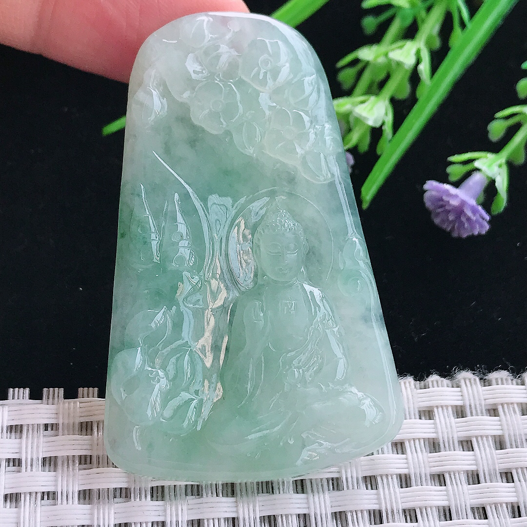 实拍A货翡翠54.8/35/5.3老坑冰胶果冻冰晴阿弥陀佛吊坠翡翠挂件