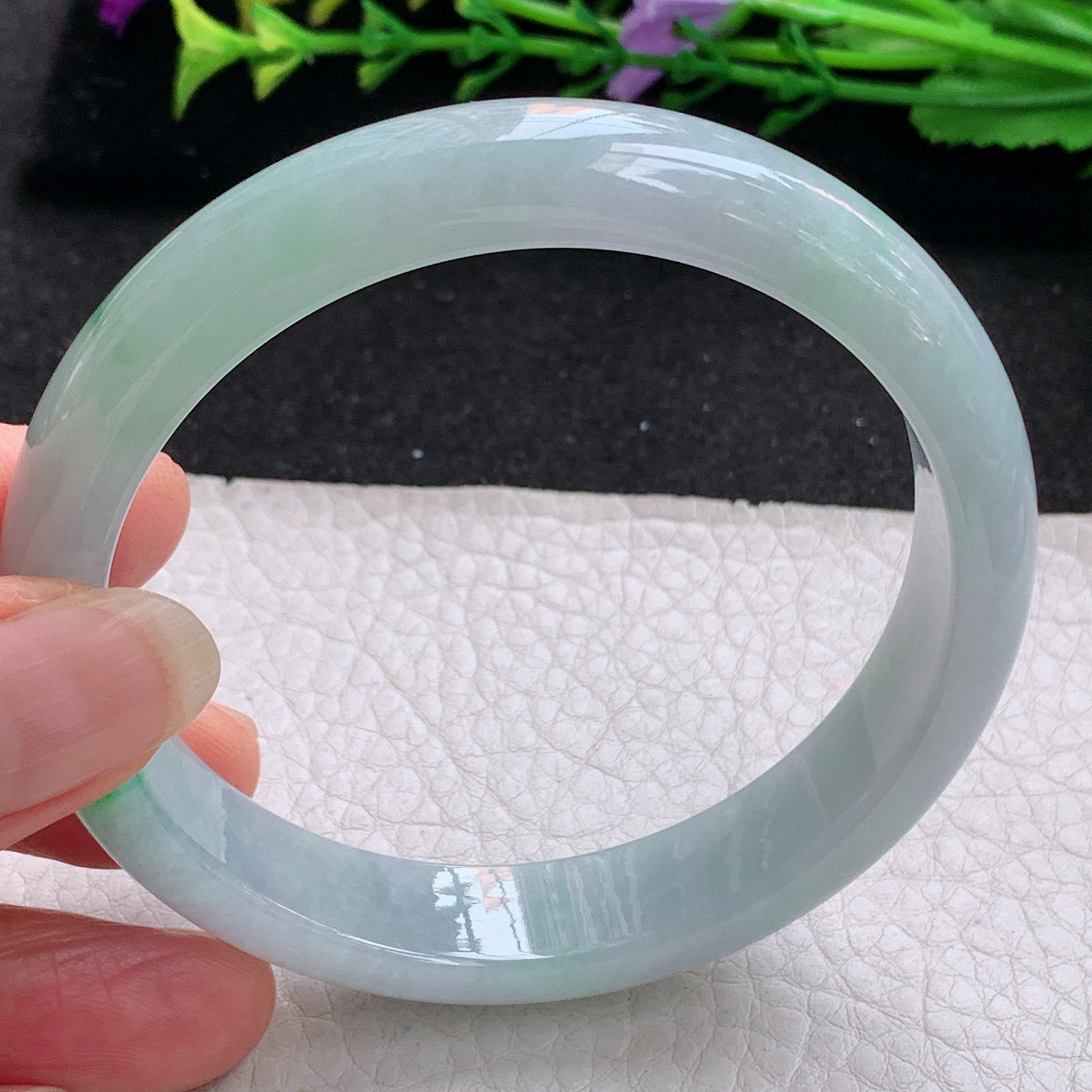 yh实拍59*12.6*7.2平安镯 天然缅甸翡翠A货手镯冰飘阳绿宽边正圈玉手环