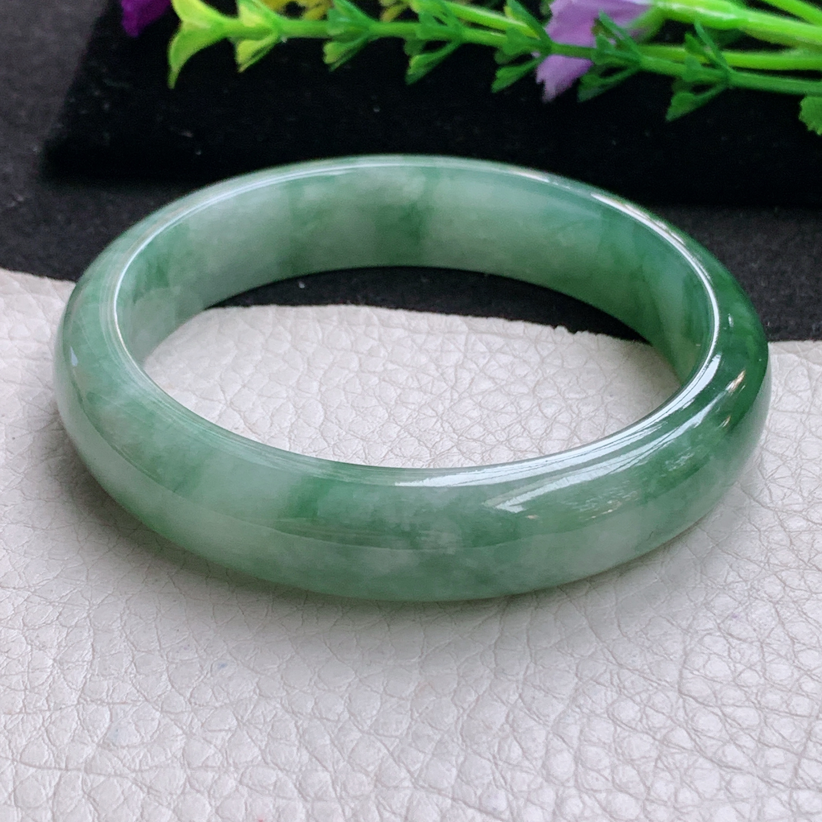 z实拍58.5*13.5*7.5平安镯 天然缅甸翡翠A货手镯飘花韵味宽边正圈玉手环