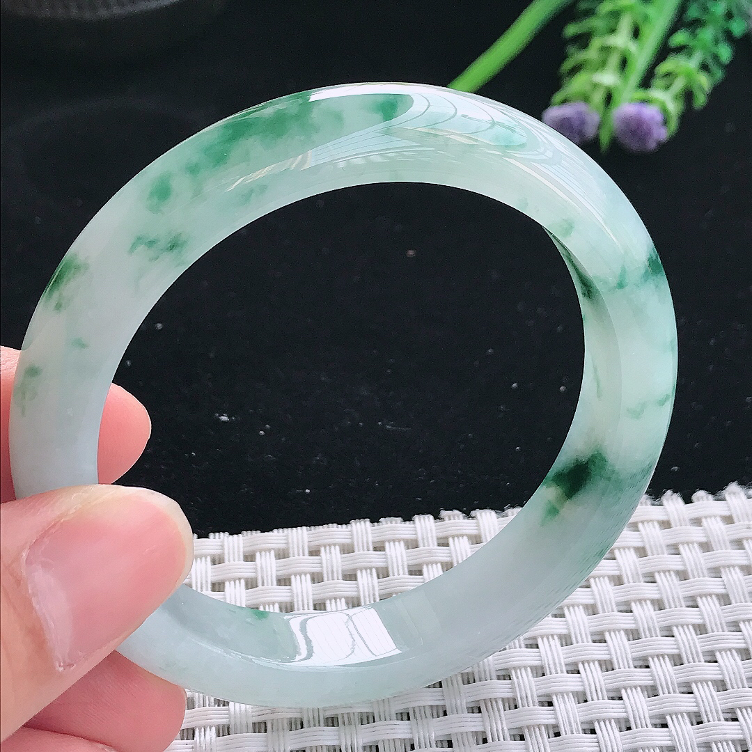 实拍天然翡翠56/11.3/8.3老坑冰胶水灵冰飘花手镯翡翠玉镯手环