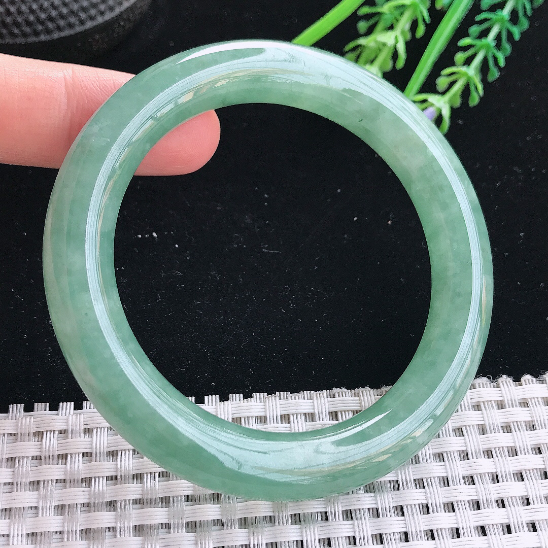 实拍天然翡翠55/10.5/10.3老坑冰润起胶满绿圆条手镯翡翠玉镯手环