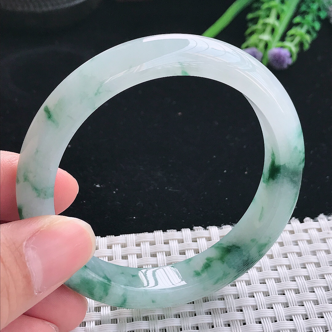 实拍天然翡翠56/11.3/8.3老坑冰胶水灵冰飘花手镯翡翠玉镯手环