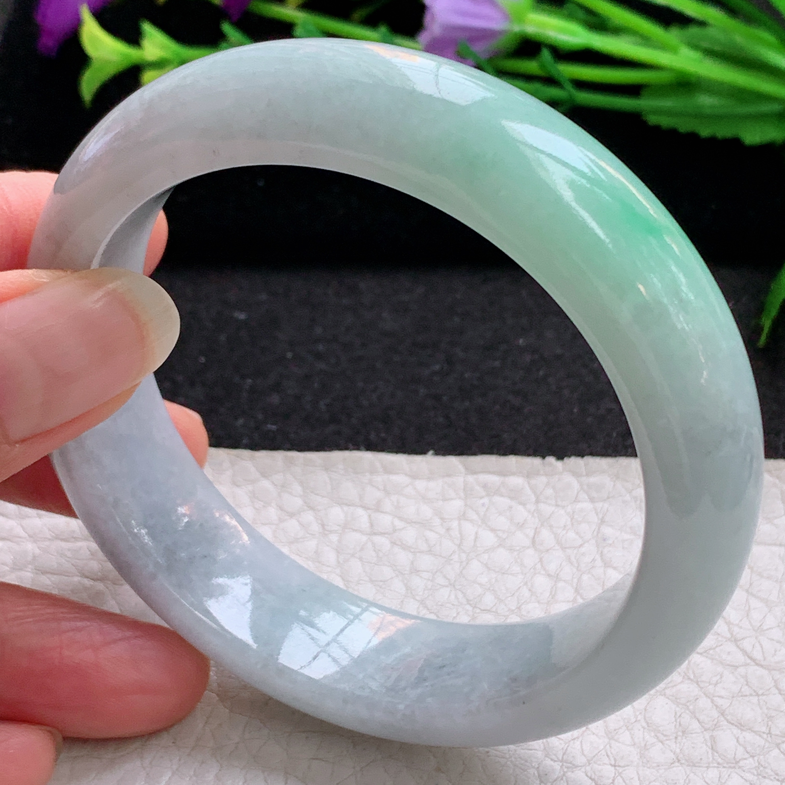 js实拍57.5*15.8*9平安镯 天然缅甸翡翠A货手镯清新飘绿正圈玉手环