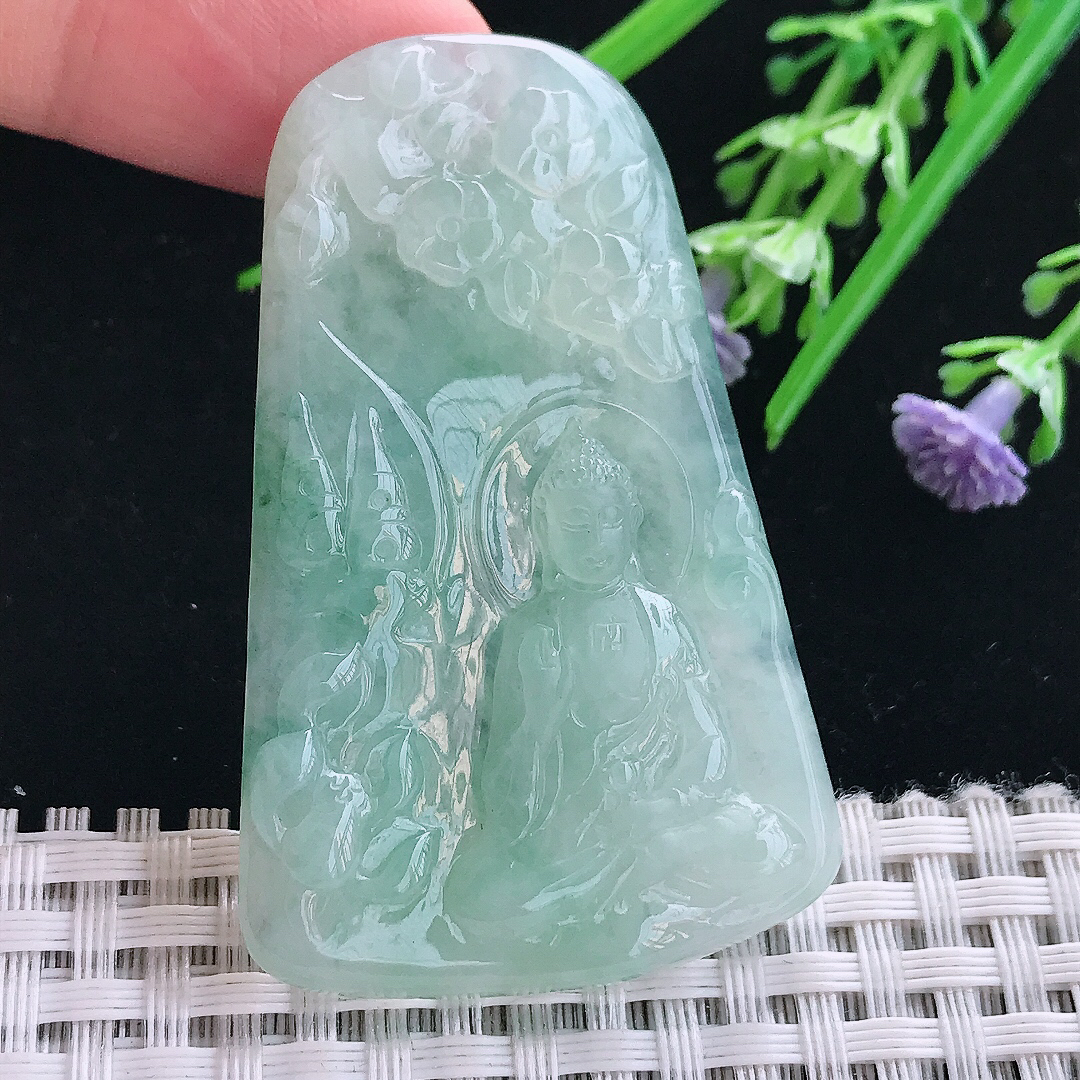 实拍A货翡翠54.8/35/5.3老坑冰胶果冻冰晴阿弥陀佛吊坠翡翠挂件