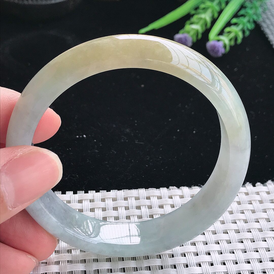 实拍天然翡翠57.5/13.5/7.8老坑精美温润飘黄翡手镯翡翠玉镯手环