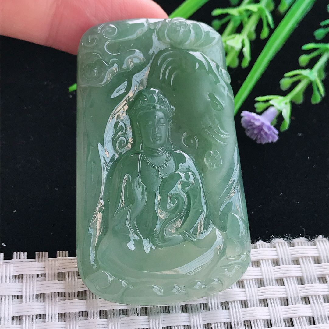 实拍A货翡翠57/36/6.6老坑冰胶果冻冰晴满绿普贤菩萨吊坠翡翠挂件