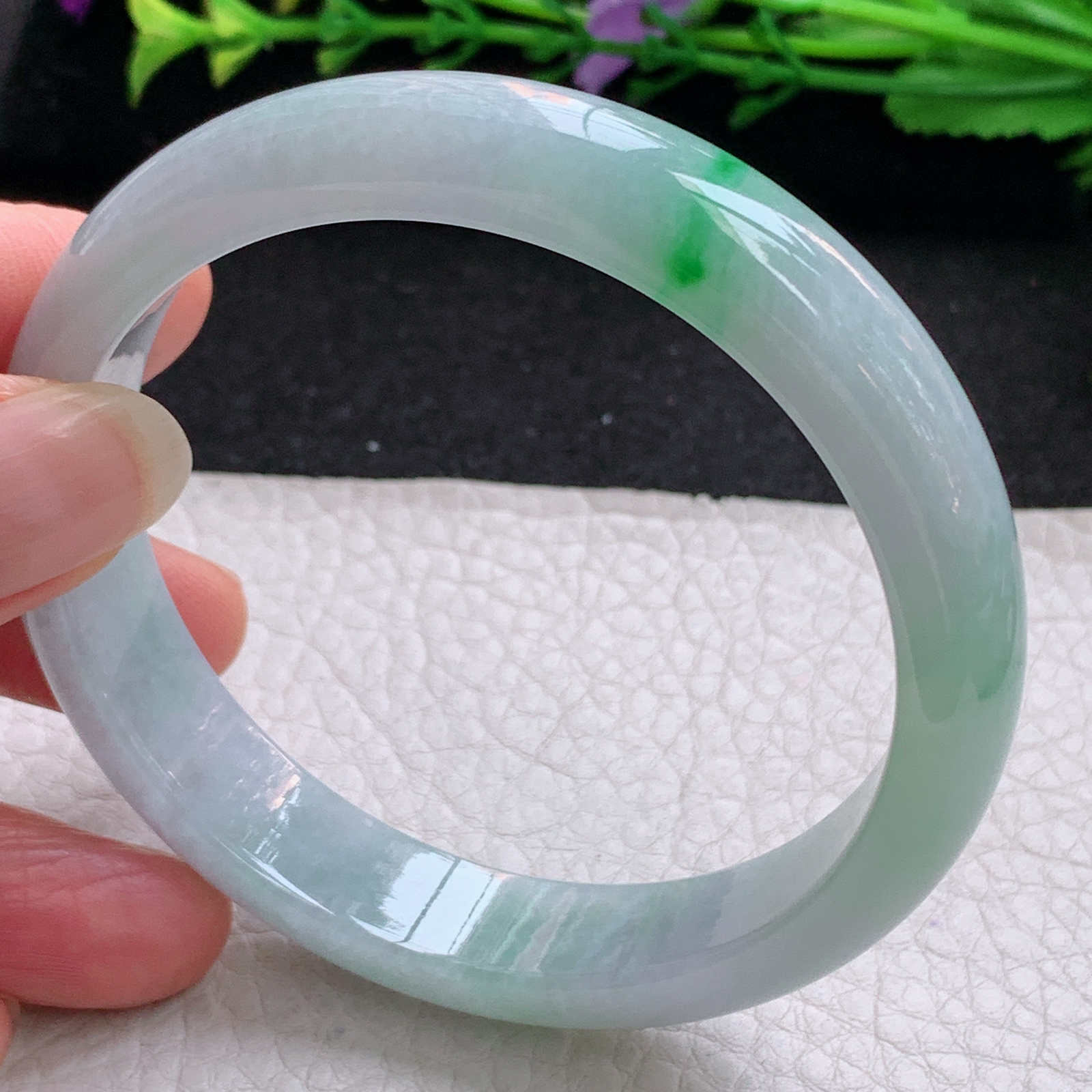 yh实拍59*12.6*7.2平安镯 天然缅甸翡翠A货手镯冰飘阳绿宽边正圈玉手环