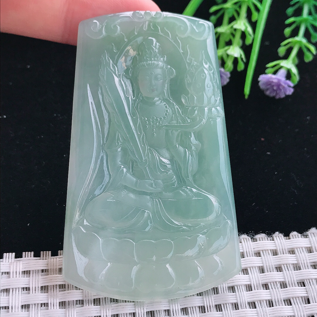 实拍A货翡翠69.8/43.5/5.8老坑冰胶果冻冰晴绿虚空藏菩萨吊坠翡翠挂件