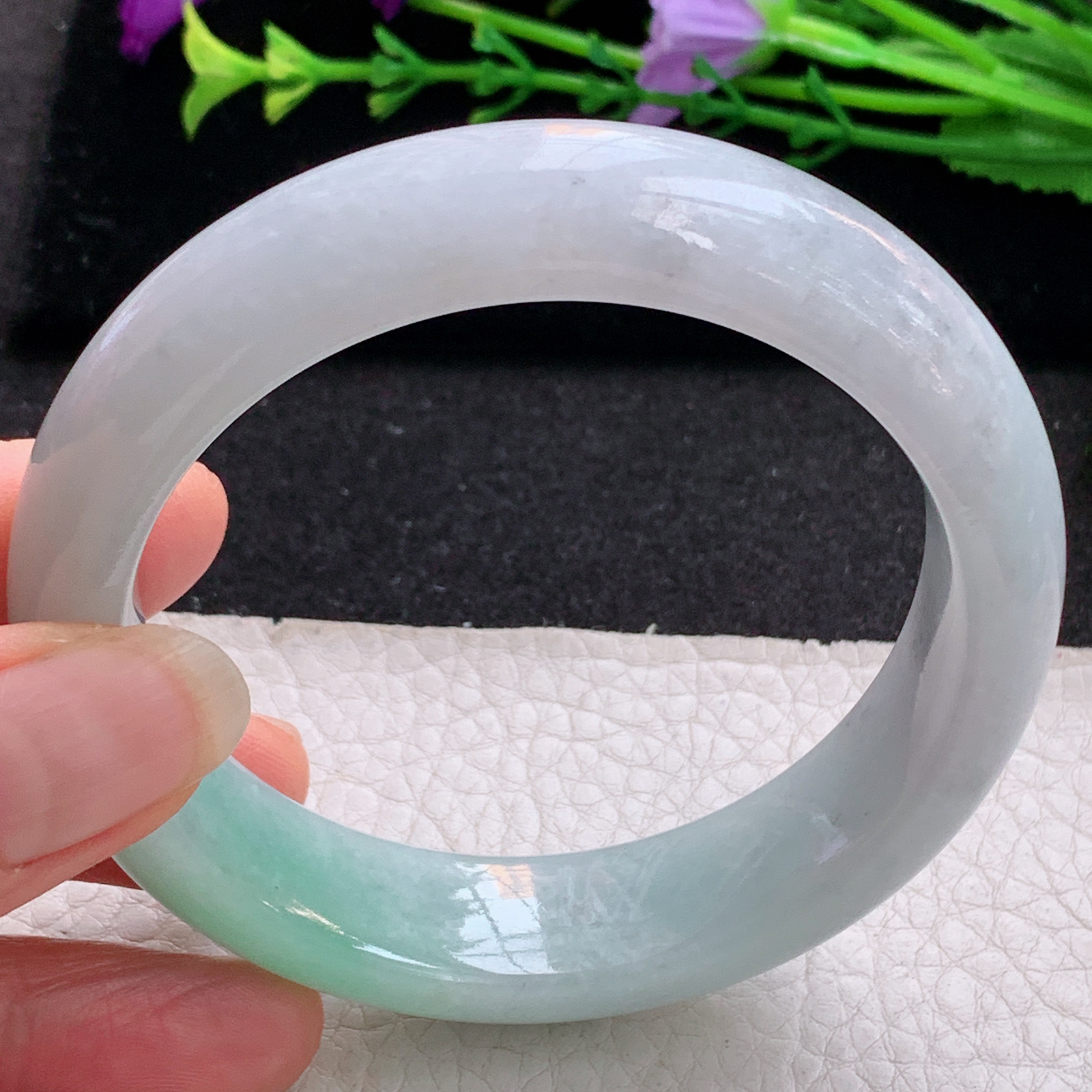 js实拍57.5*15.8*9平安镯 天然缅甸翡翠A货手镯清新飘绿正圈玉手环