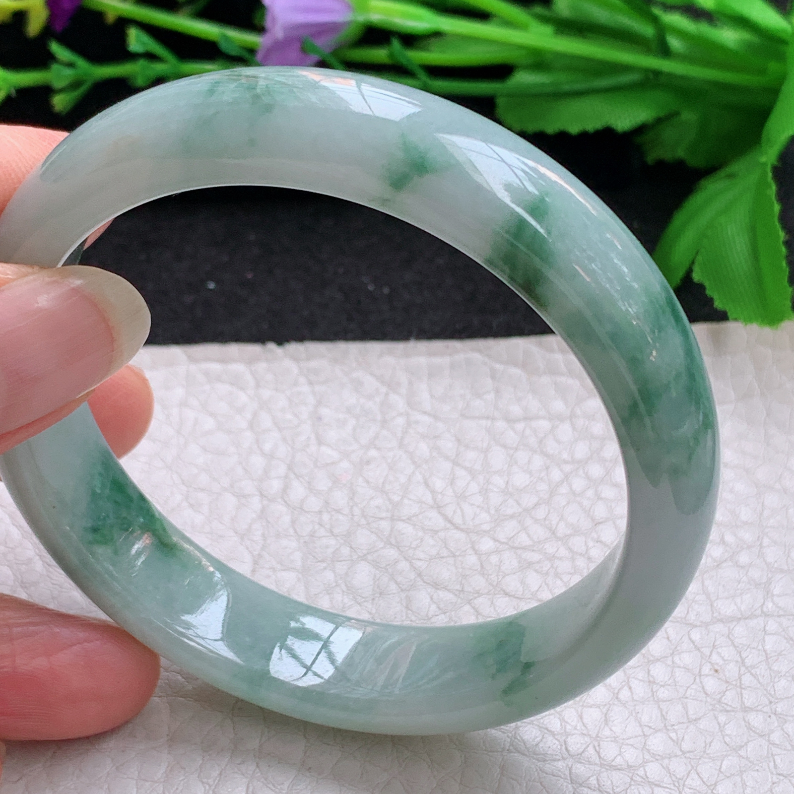nr实拍57*13.6*7.3平安镯 天然缅甸翡翠A货手镯水润飘花宽边正圈玉手环