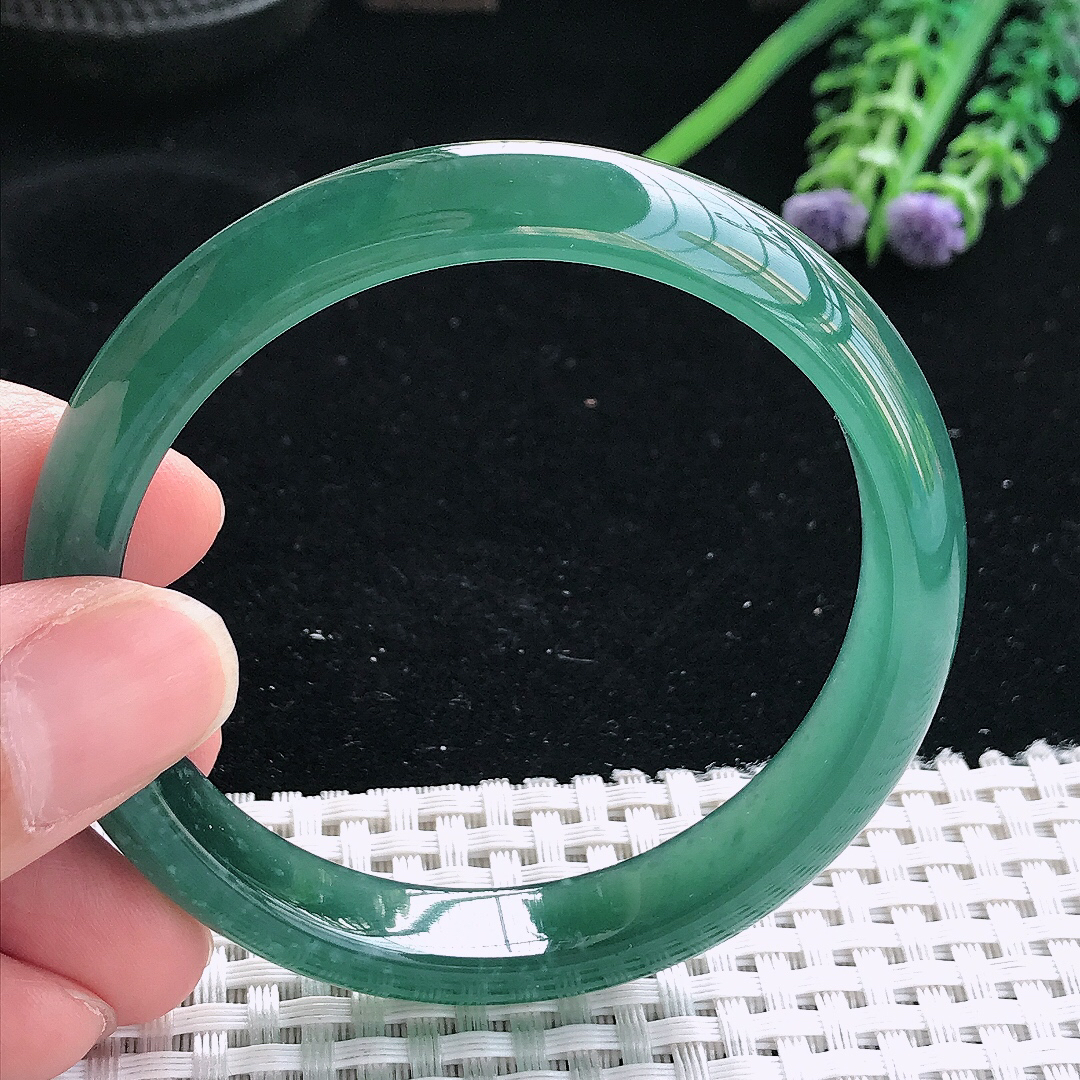 实拍天然翡翠56/11/7老坑冰胶果冻满色蓝韵手镯翡翠玉镯手环