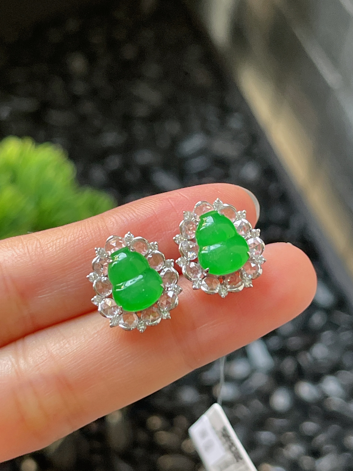 翡翠冰糯阳绿耳坠，印记：G18K,伴钻石