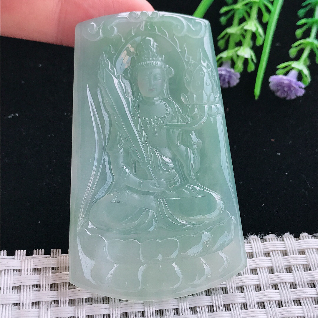 实拍A货翡翠69.8/43.5/5.8老坑冰胶果冻冰晴绿虚空藏菩萨吊坠翡翠挂件