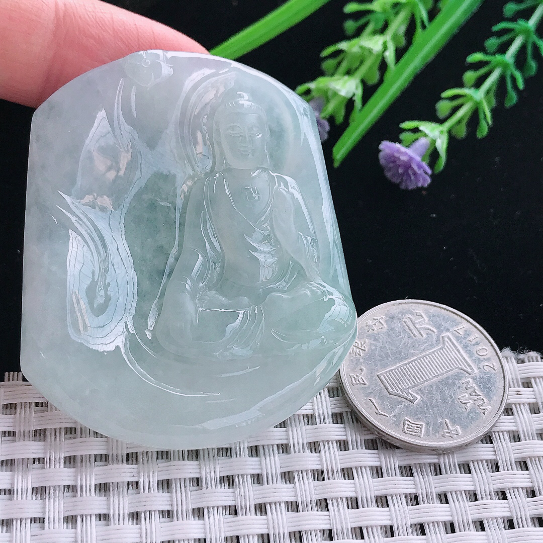 实拍A货翡翠54.9/46.5/6.3老坑冰胶果冻阿弥陀佛吊坠翡翠挂件
