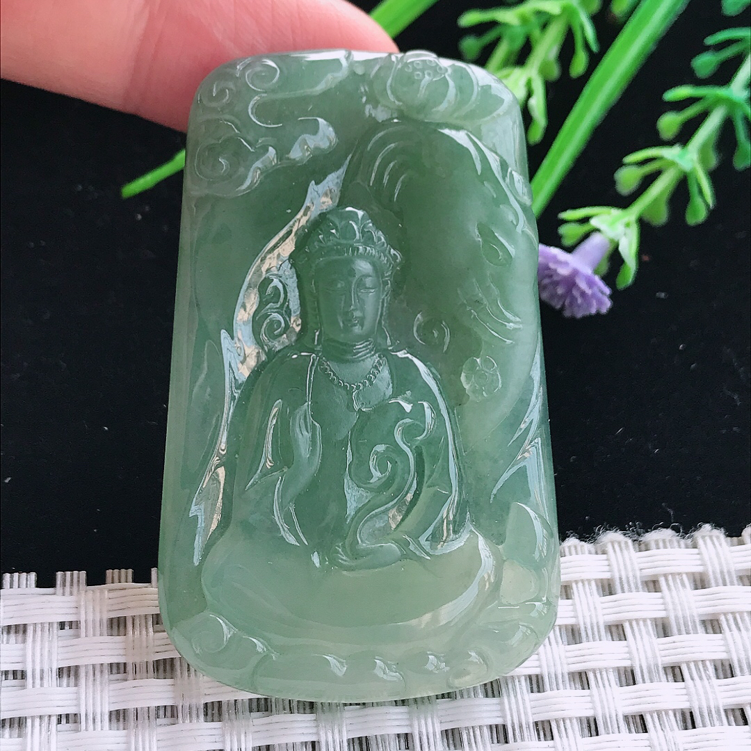 实拍A货翡翠57/36/6.6老坑冰胶果冻冰晴满绿普贤菩萨吊坠翡翠挂件