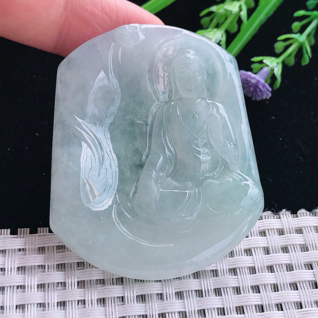 实拍A货翡翠54.9/46.5/6.3老坑冰胶果冻阿弥陀佛吊坠翡翠挂件