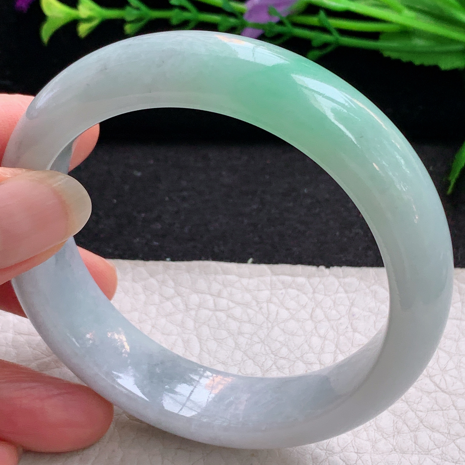 js实拍57.5*15.8*9平安镯 天然缅甸翡翠A货手镯清新飘绿正圈玉手环