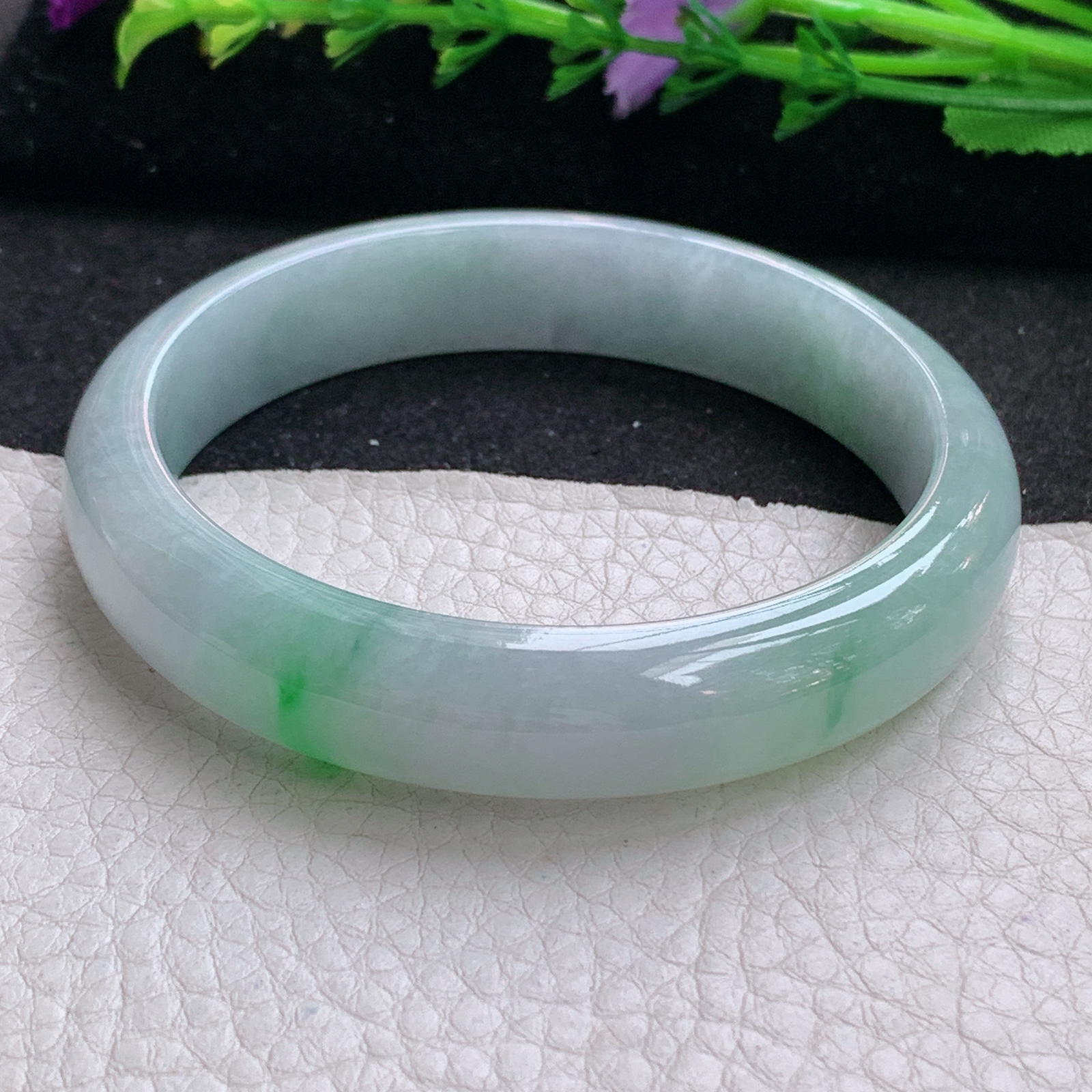 yh实拍59*12.6*7.2平安镯 天然缅甸翡翠A货手镯冰飘阳绿宽边正圈玉手环