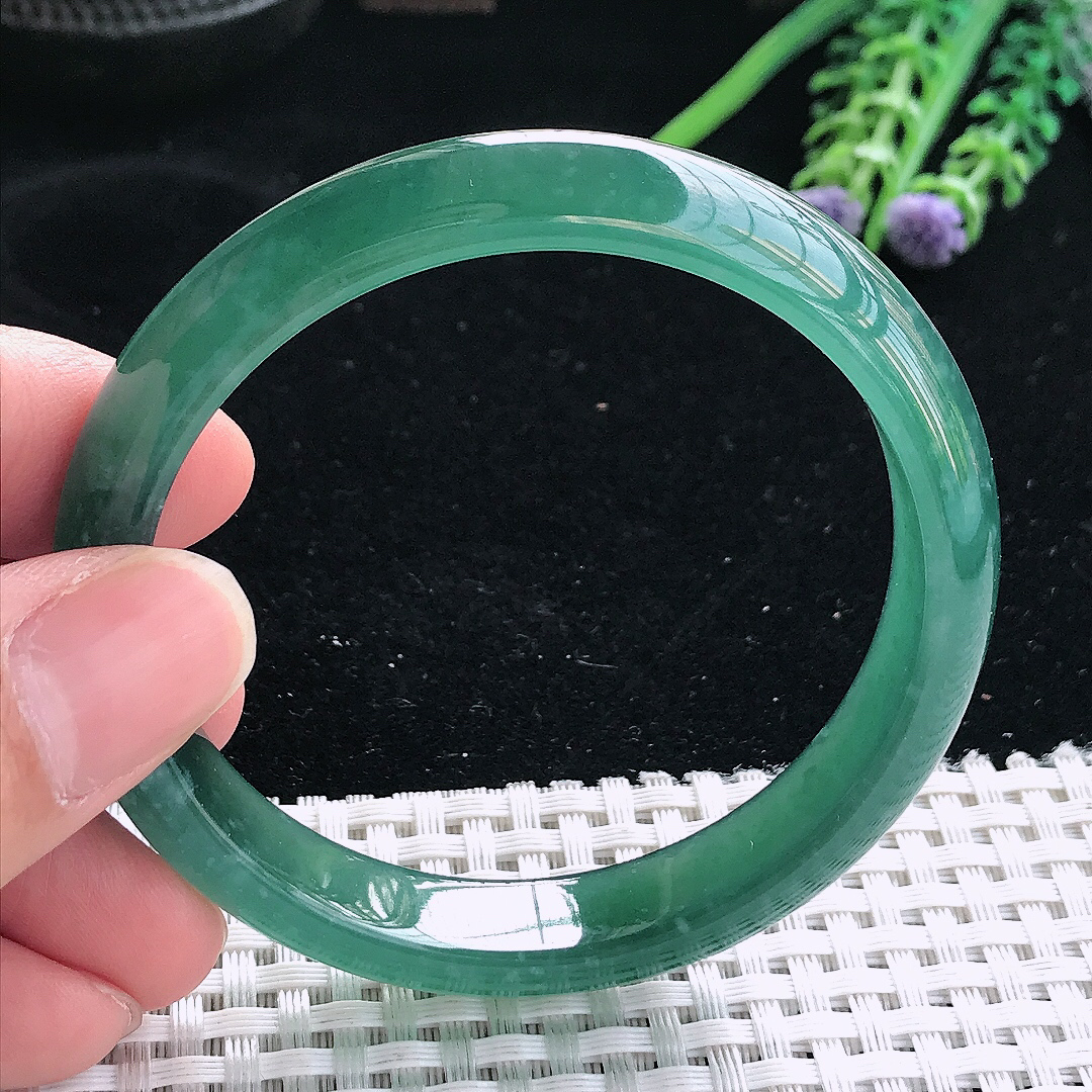 实拍天然翡翠56/11/7老坑冰胶果冻满色蓝韵手镯翡翠玉镯手环