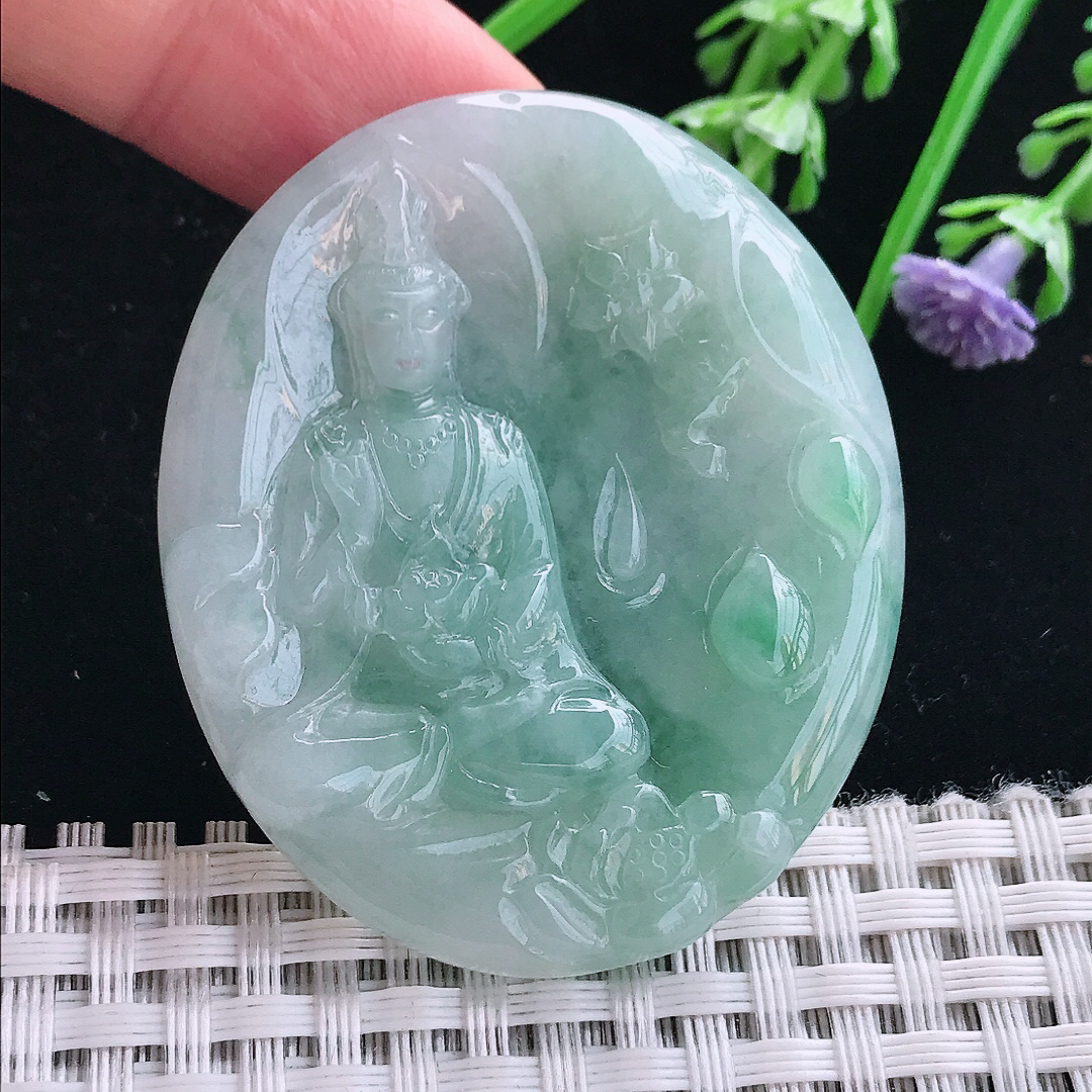 实拍A货翡翠4.8/43/5.5老坑冰润起胶赐福观音吊坠翡翠挂件