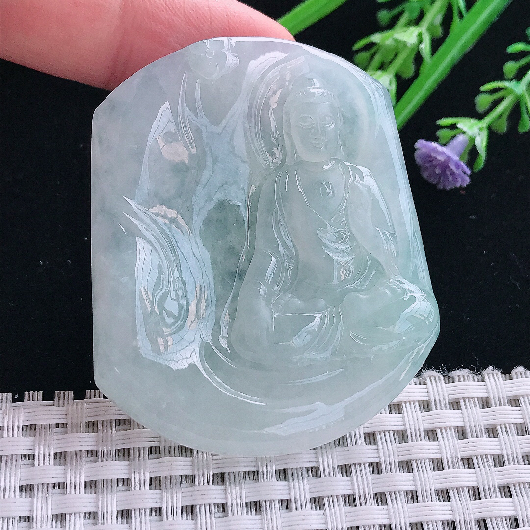 实拍A货翡翠54.9/46.5/6.3老坑冰胶果冻阿弥陀佛吊坠翡翠挂件