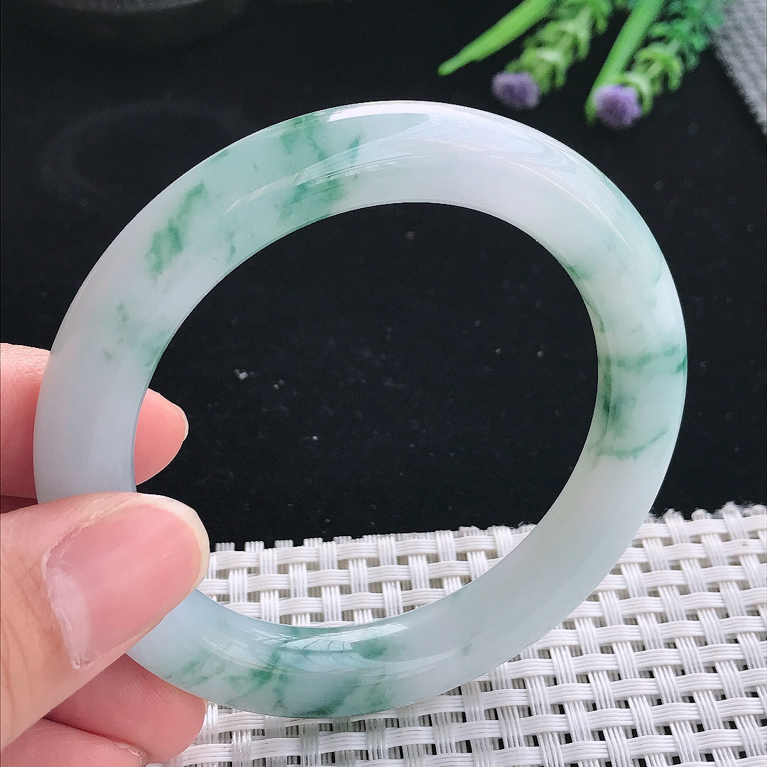 实拍天然翡翠55.5/10.2/10老坑精美飘花圆条手镯翡翠玉镯手环