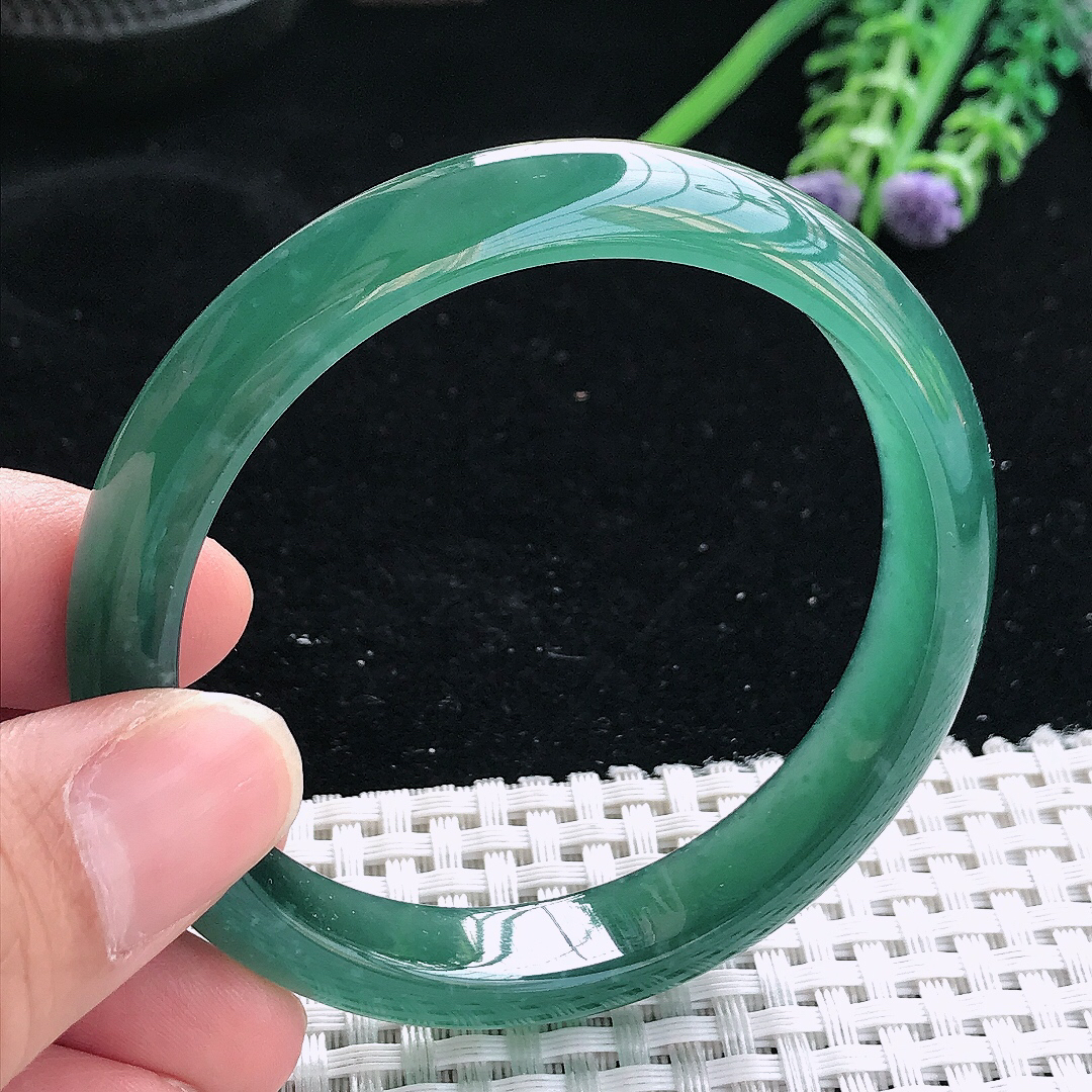 实拍天然翡翠56/11/7老坑冰胶果冻满色蓝韵手镯翡翠玉镯手环