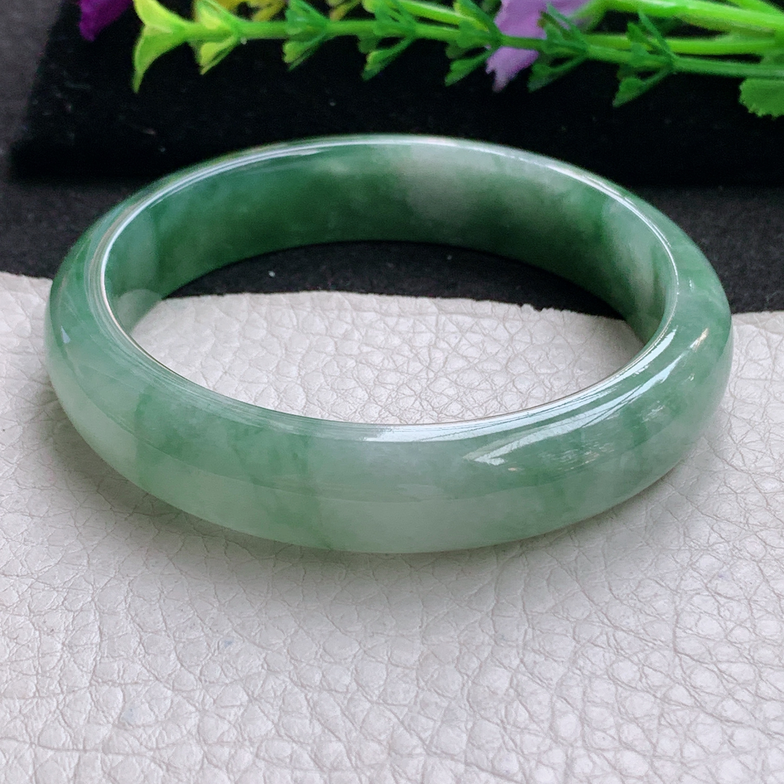 z实拍58.5*13.5*7.5平安镯 天然缅甸翡翠A货手镯飘花韵味宽边正圈玉手环