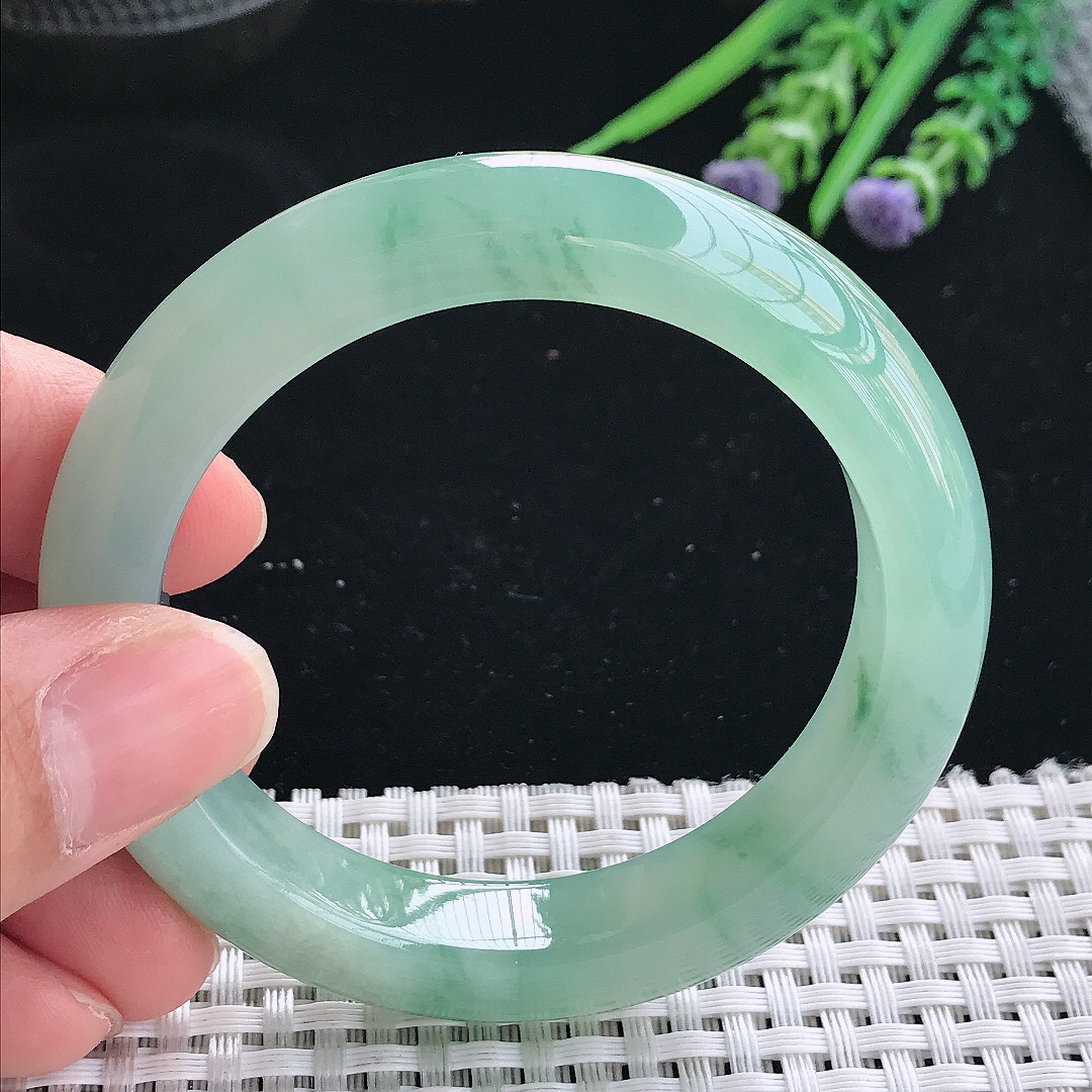 实拍天然翡翠53/11.3/9.1老坑冰胶果冻冰晴飘花手镯翡翠玉镯手环