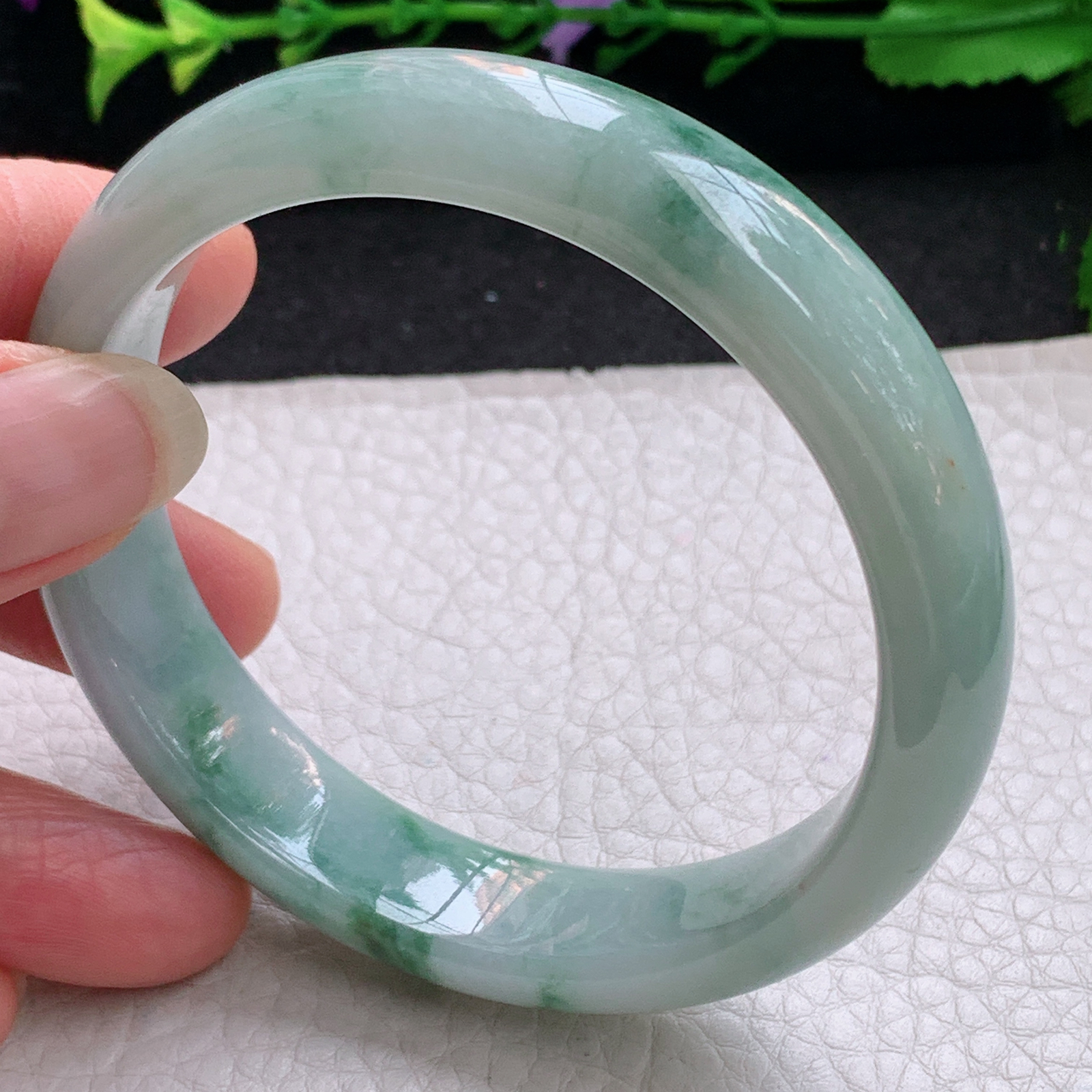 nr实拍57*13.6*7.3平安镯 天然缅甸翡翠A货手镯水润飘花宽边正圈玉手环