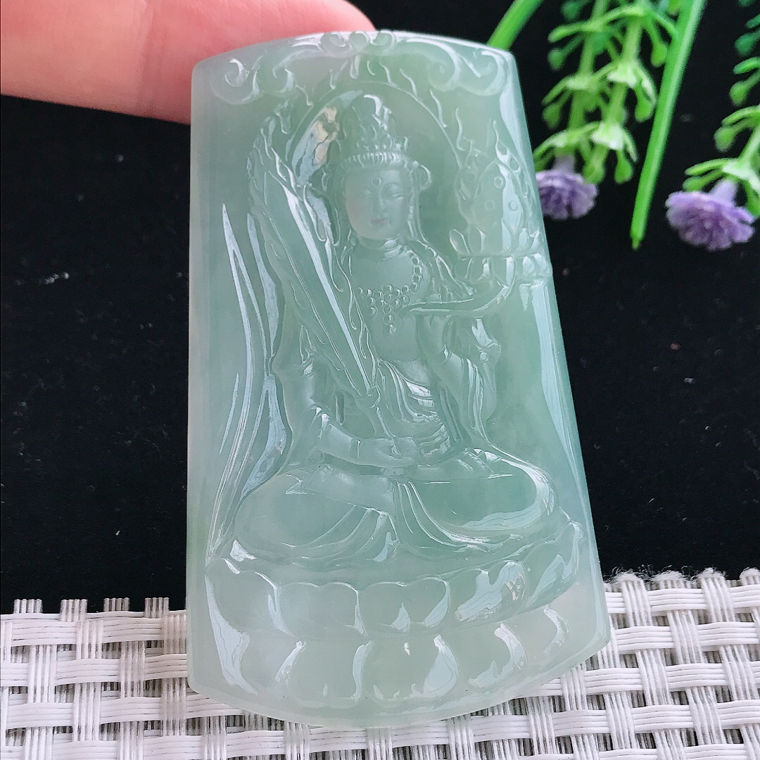 实拍A货翡翠69.8/43.5/5.8老坑冰胶果冻冰晴绿虚空藏菩萨吊坠翡翠挂件