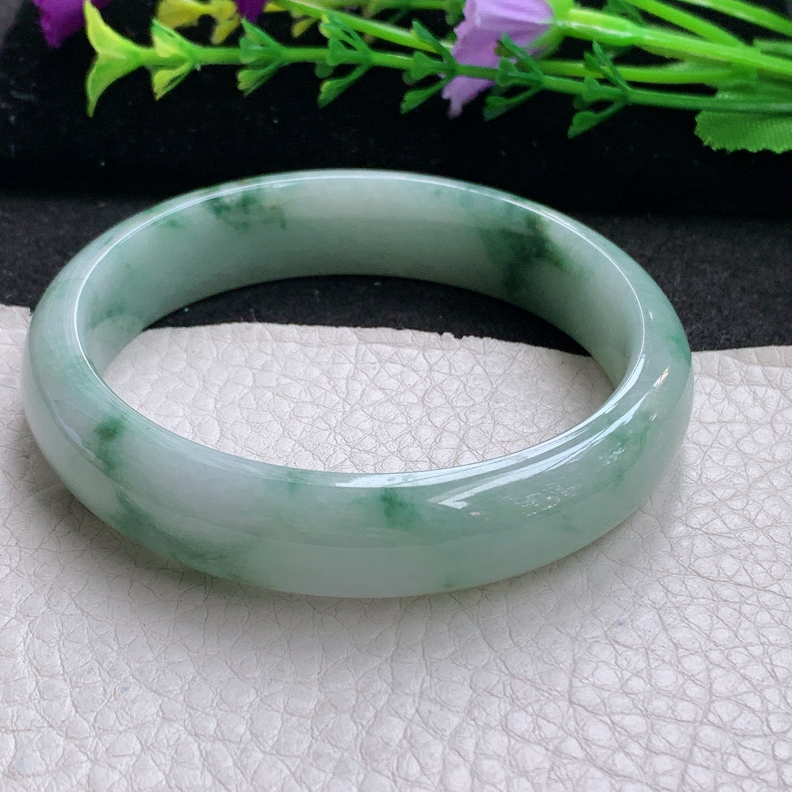 nr实拍57*13.6*7.3平安镯 天然缅甸翡翠A货手镯水润飘花宽边正圈玉手环