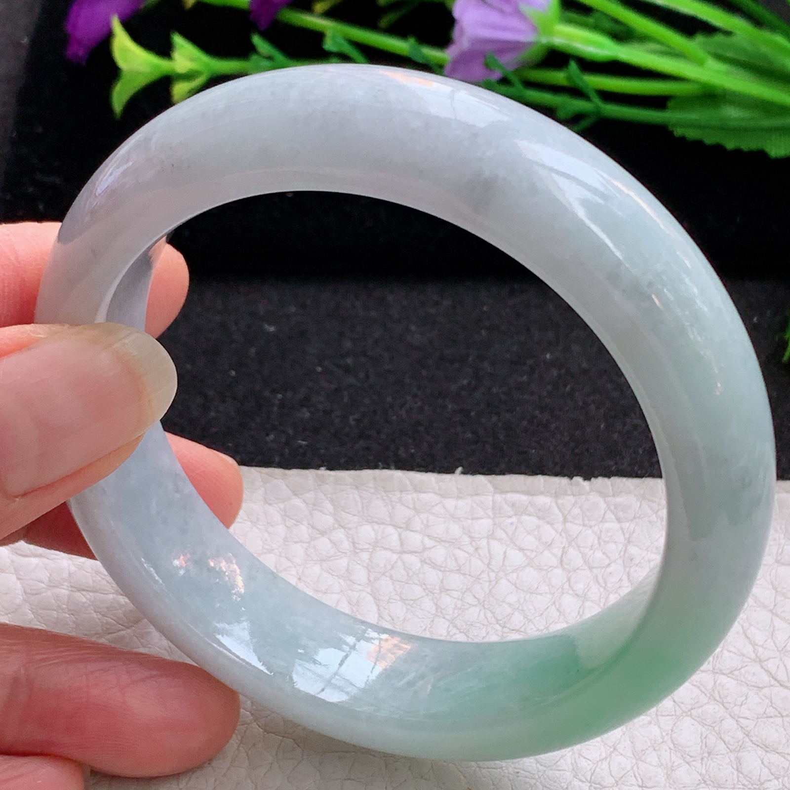 js实拍57.5*15.8*9平安镯 天然缅甸翡翠A货手镯清新飘绿正圈玉手环