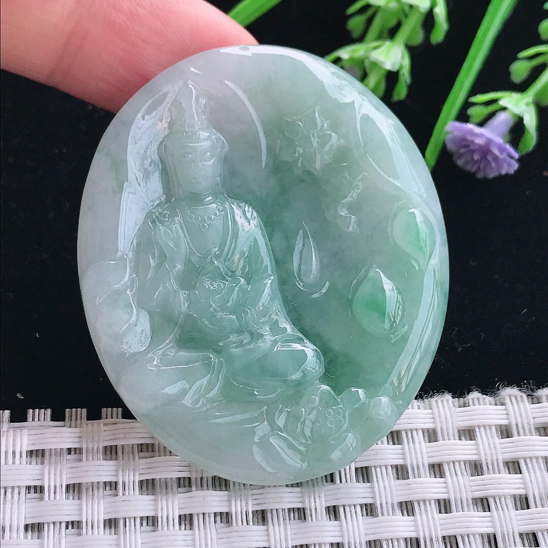 实拍A货翡翠4.8/43/5.5老坑冰润起胶赐福观音吊坠翡翠挂件