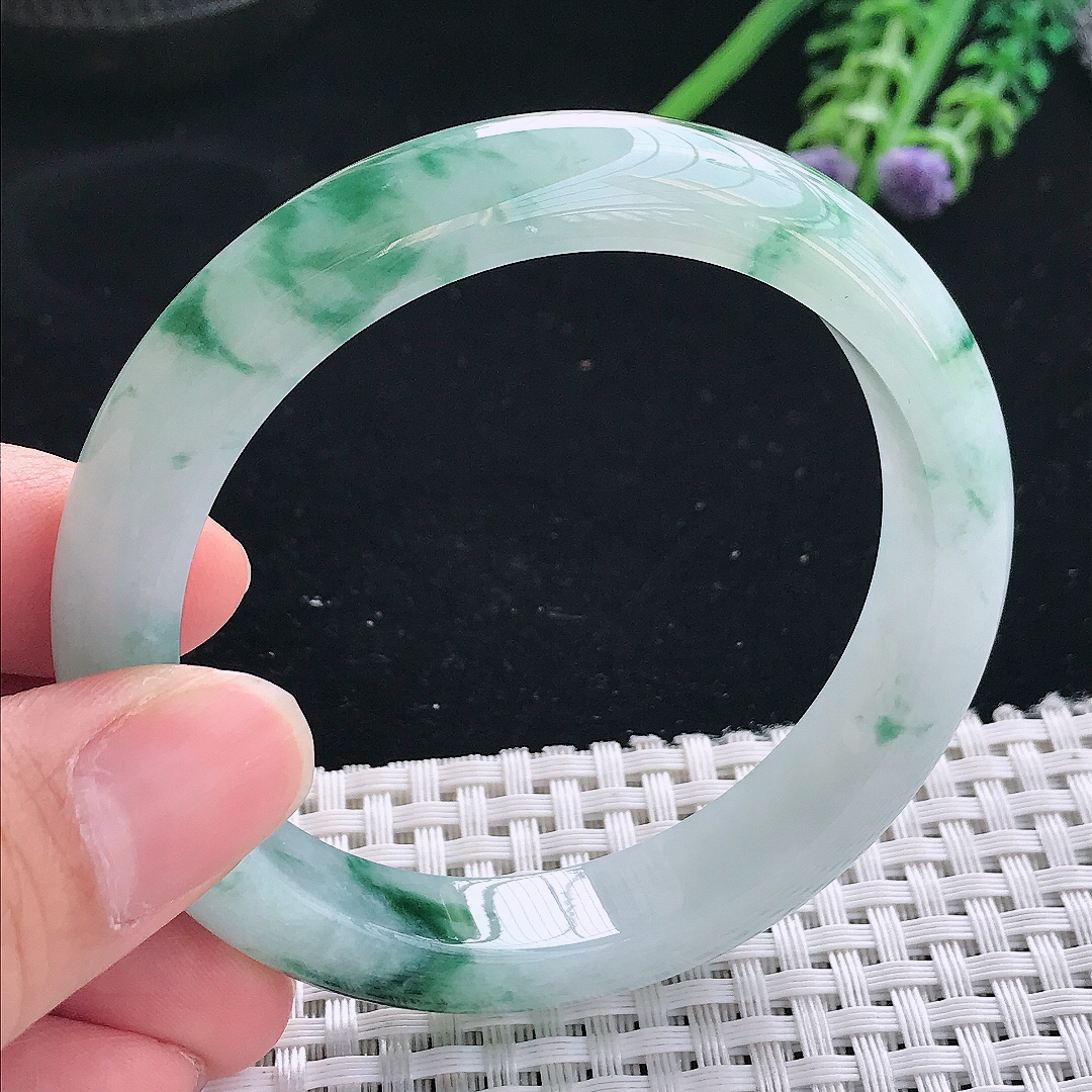 实拍天然翡翠56/11.3/8.3老坑冰胶水灵冰飘花手镯翡翠玉镯手环