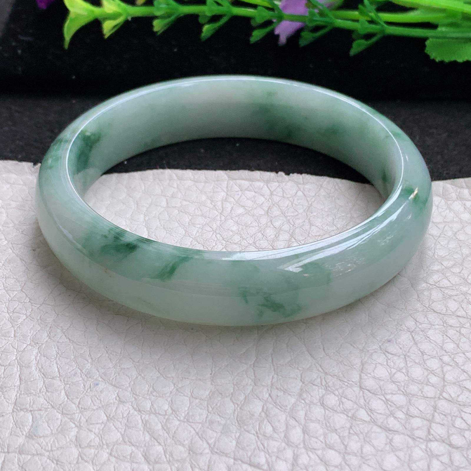 nr实拍57*13.6*7.3平安镯 天然缅甸翡翠A货手镯水润飘花宽边正圈玉手环