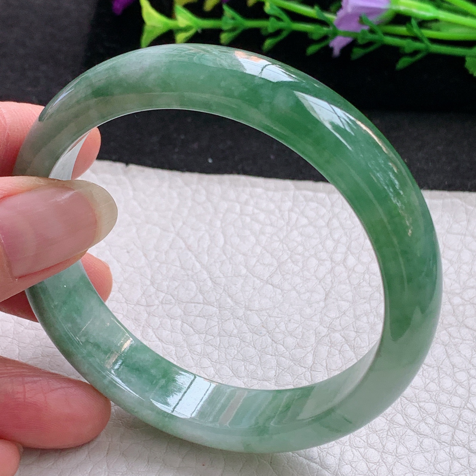 z实拍58.5*13.5*7.5平安镯 天然缅甸翡翠A货手镯飘花韵味宽边正圈玉手环