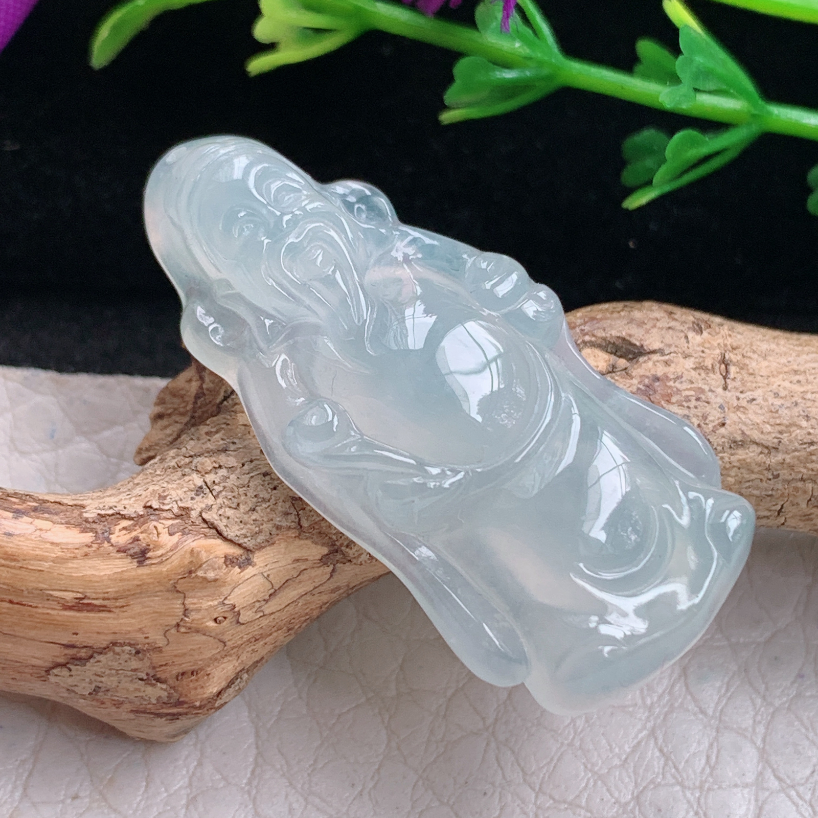 gp实拍34.8*16.2*5.8缅甸翡翠精雕冰起光立体财神爷 财爷玉吊坠