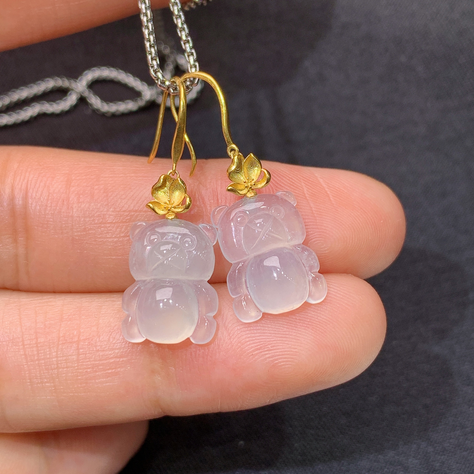 冰种小熊耳坠，18k金镶嵌，简约可爱，冰润细腻，种水足，J34 尺寸12.1*9.4*4.6