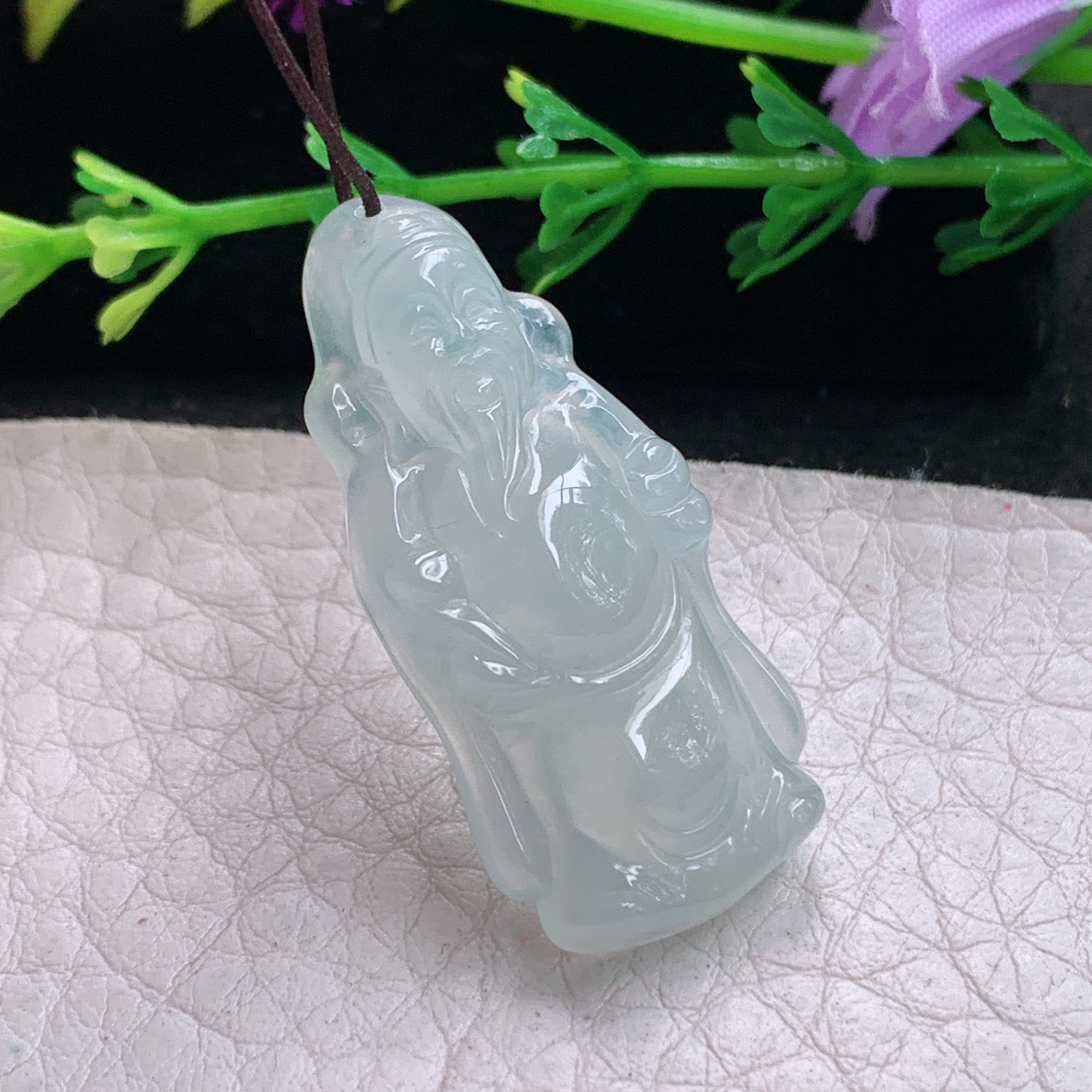 gp实拍34.8*16.2*5.8缅甸翡翠精雕冰起光立体财神爷 财爷玉吊坠