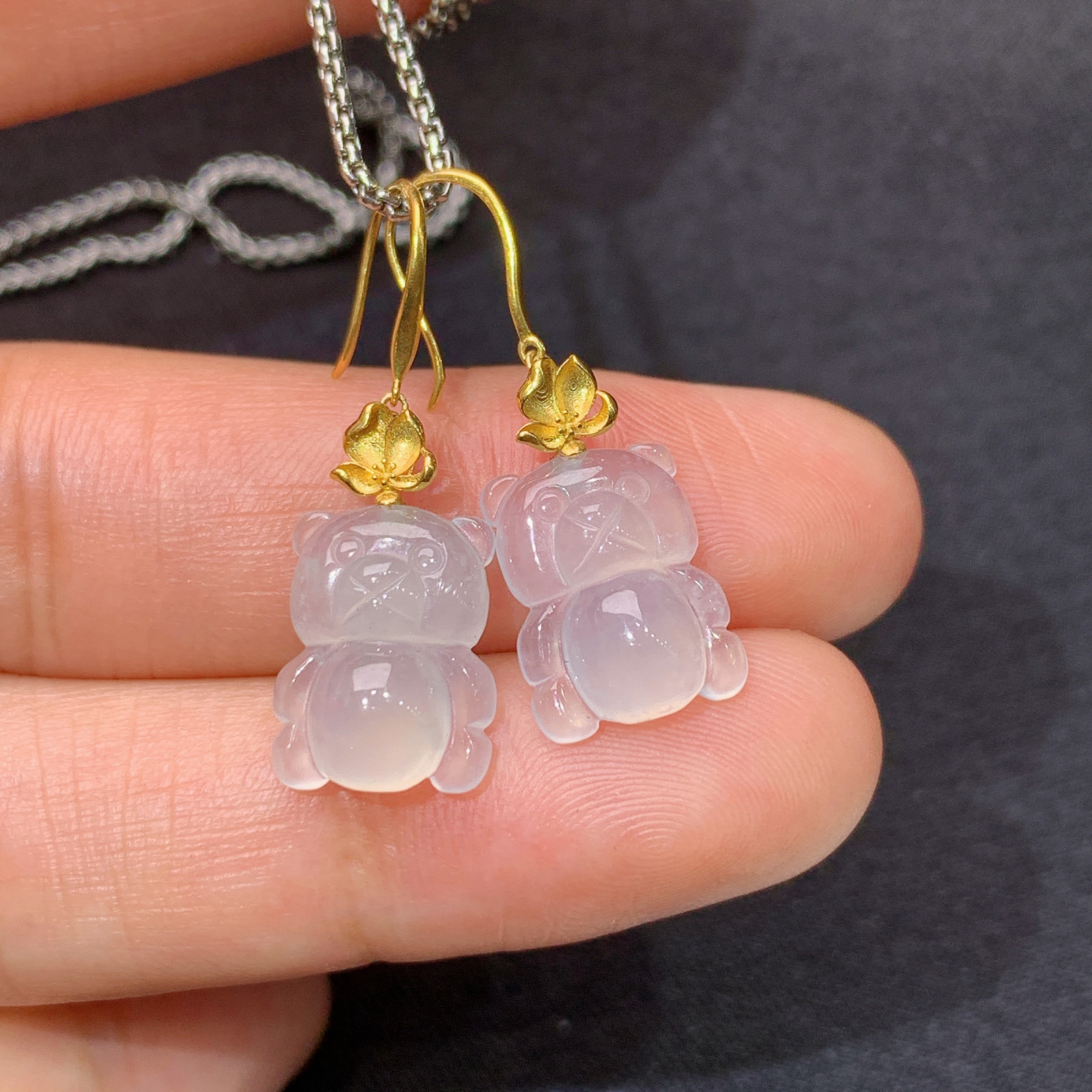 冰种小熊耳坠，18k金镶嵌，简约可爱，冰润细腻，种水足，J34 尺寸12.1*9.4*4.6