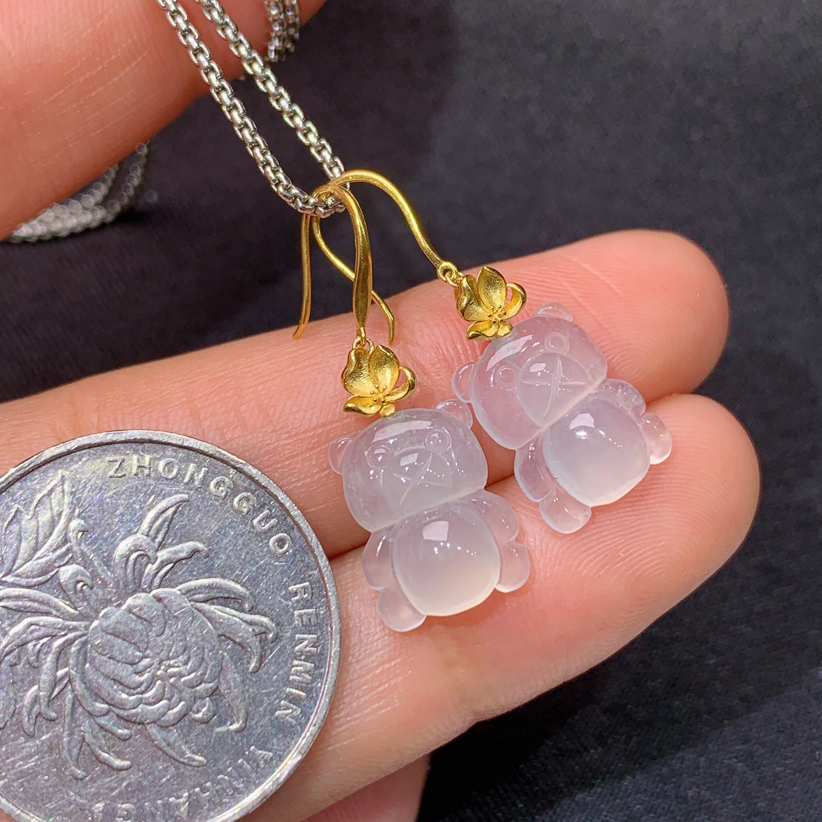 冰种小熊耳坠，18k金镶嵌，简约可爱，冰润细腻，种水足，J34 尺寸12.1*9.4*4.6