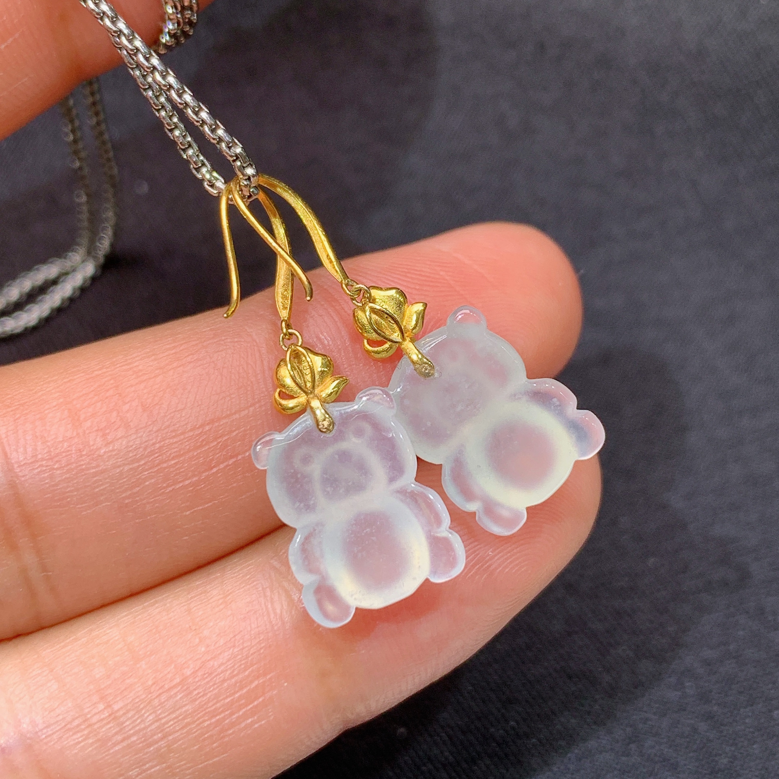 冰种小熊耳坠，18k金镶嵌，简约可爱，冰润细腻，种水足，J34 尺寸12.1*9.4*4.6