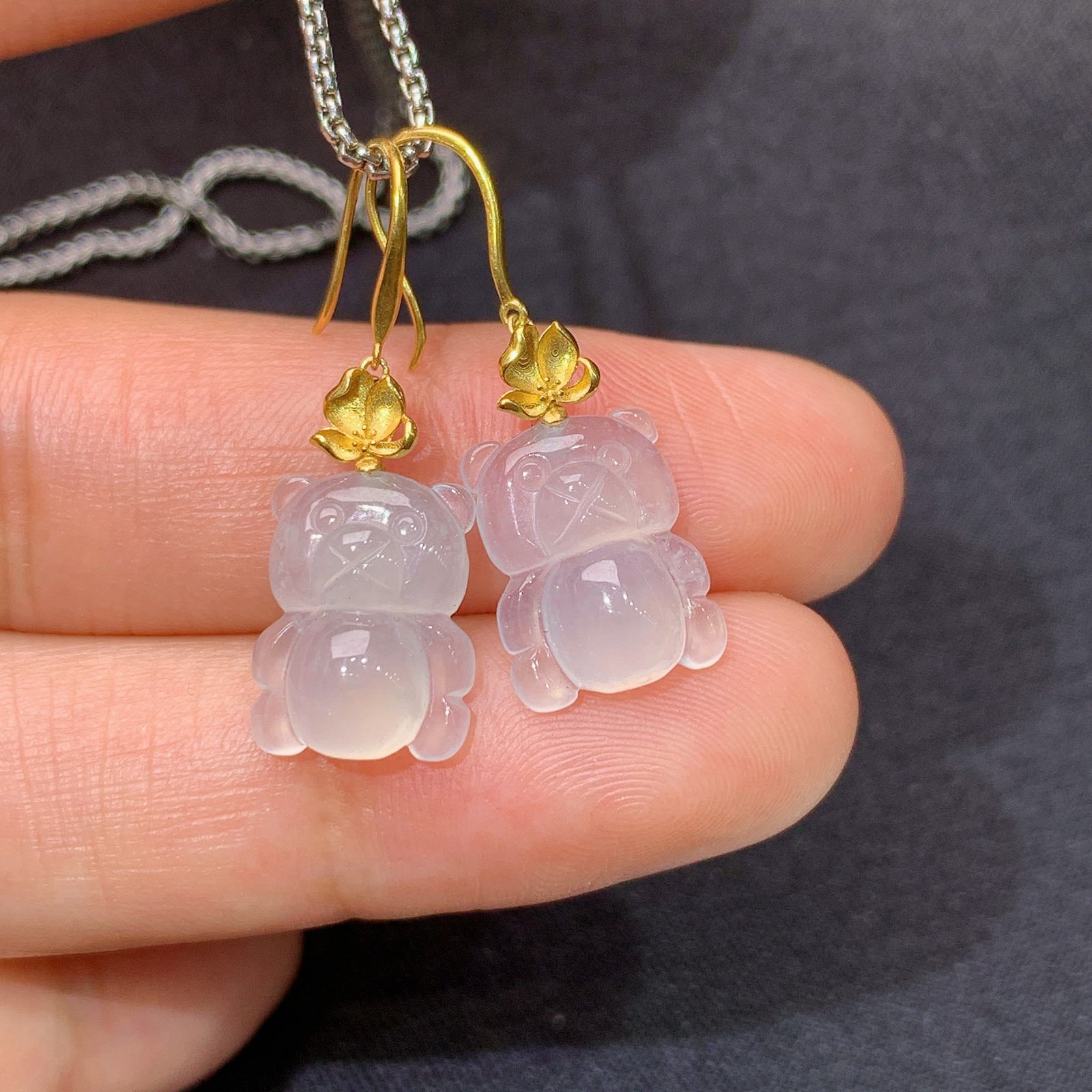 冰种小熊耳坠，18k金镶嵌，简约可爱，冰润细腻，种水足，J34 尺寸12.1*9.4*4.6