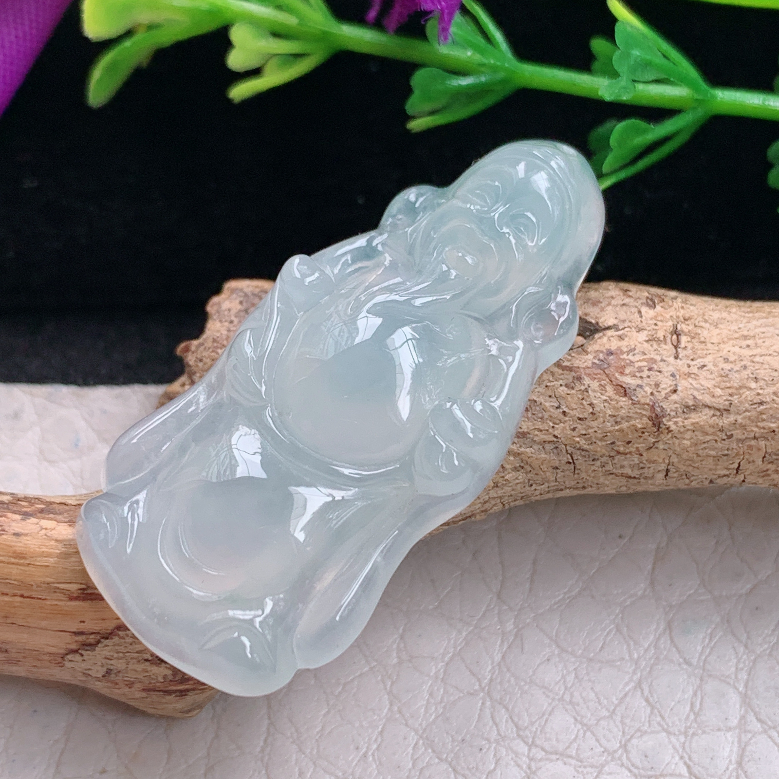 gp实拍34.8*16.2*5.8缅甸翡翠精雕冰起光立体财神爷 财爷玉吊坠