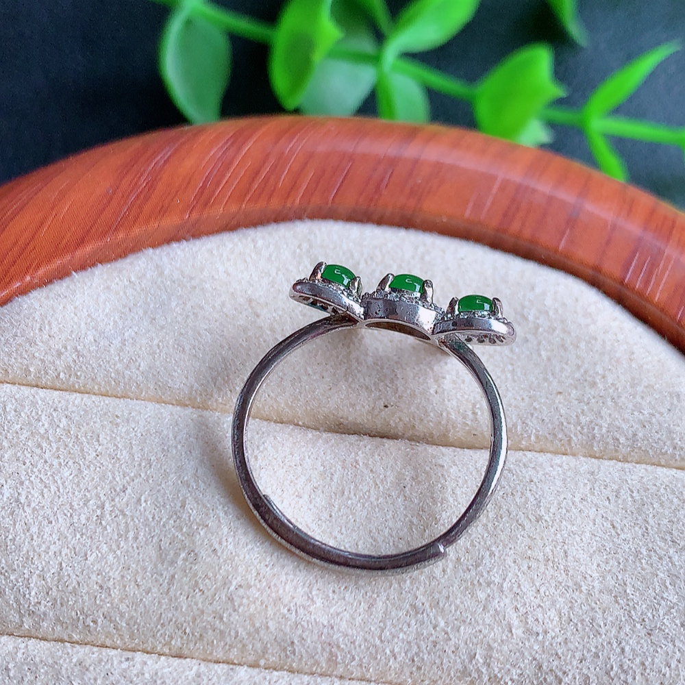 冰润满绿精美环形翡翠戒指  玉质细腻  冰清玉润  飘花灵动  颜色漂亮  W481.18   内径尺寸：17-10.5-4mm  裸石尺寸：3mm