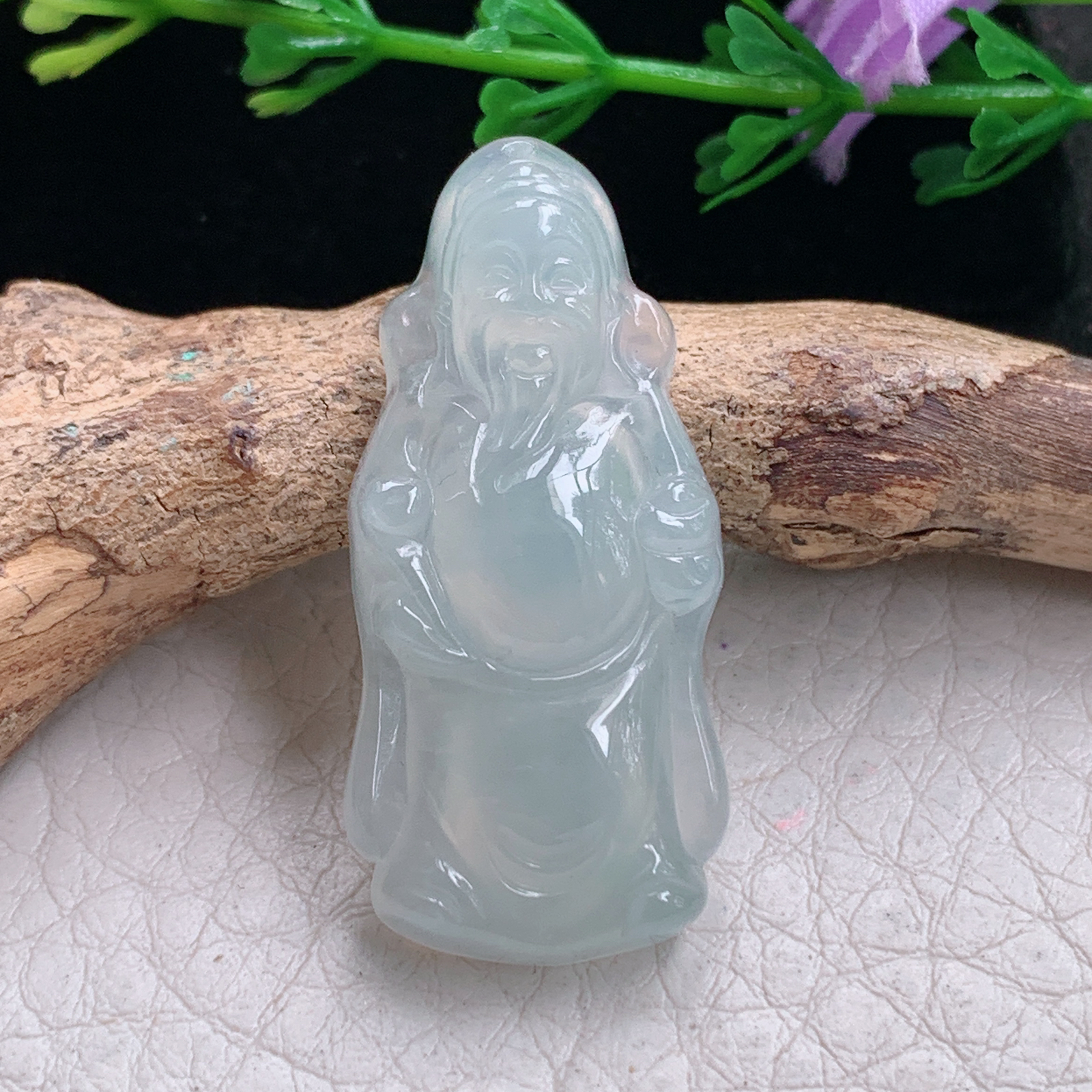 gp实拍34.8*16.2*5.8缅甸翡翠精雕冰起光立体财神爷 财爷玉吊坠