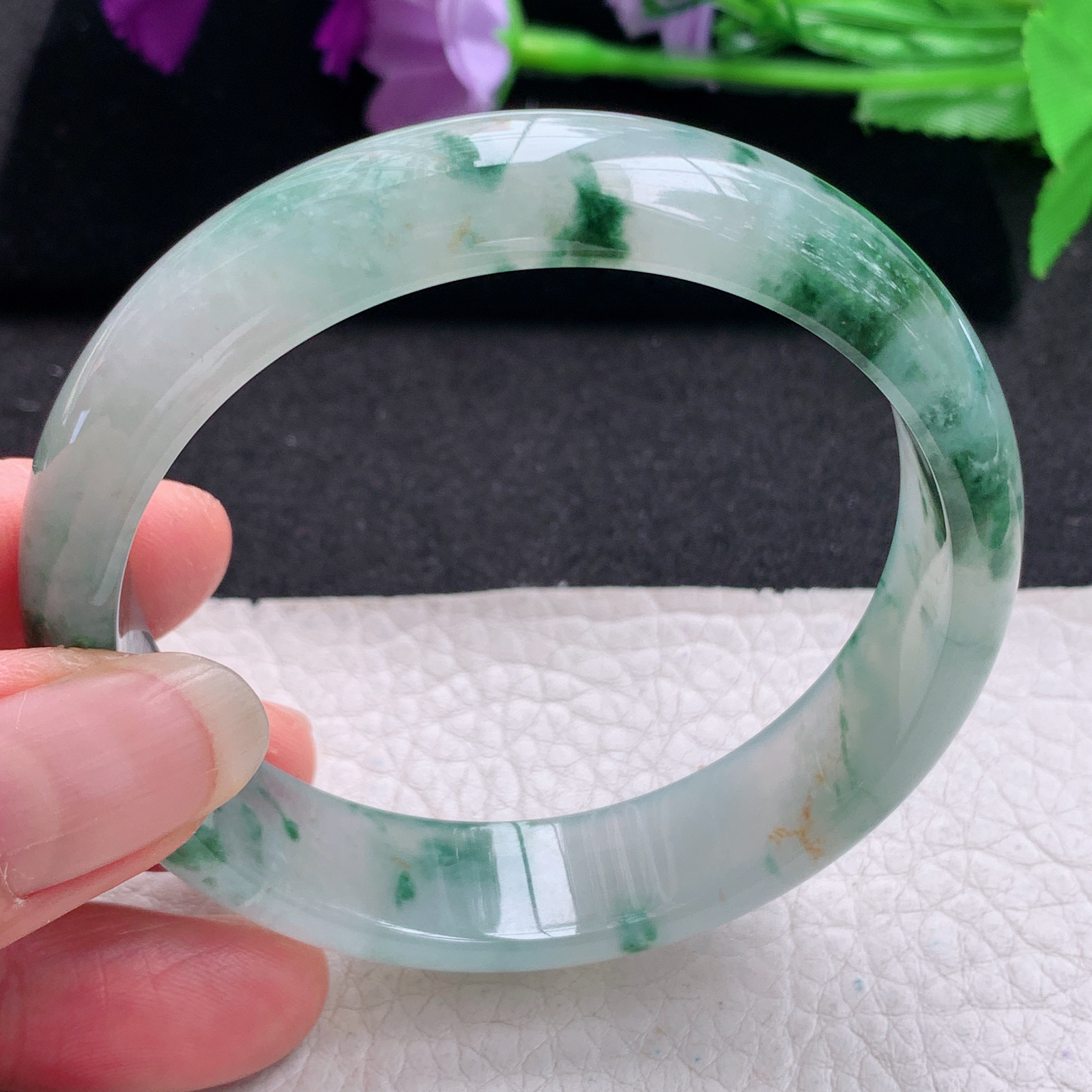 ax收藏款57.5*14.6*7.2平安镯 缅甸翡翠a货玉手镯精美冰飘花正圈玉手环